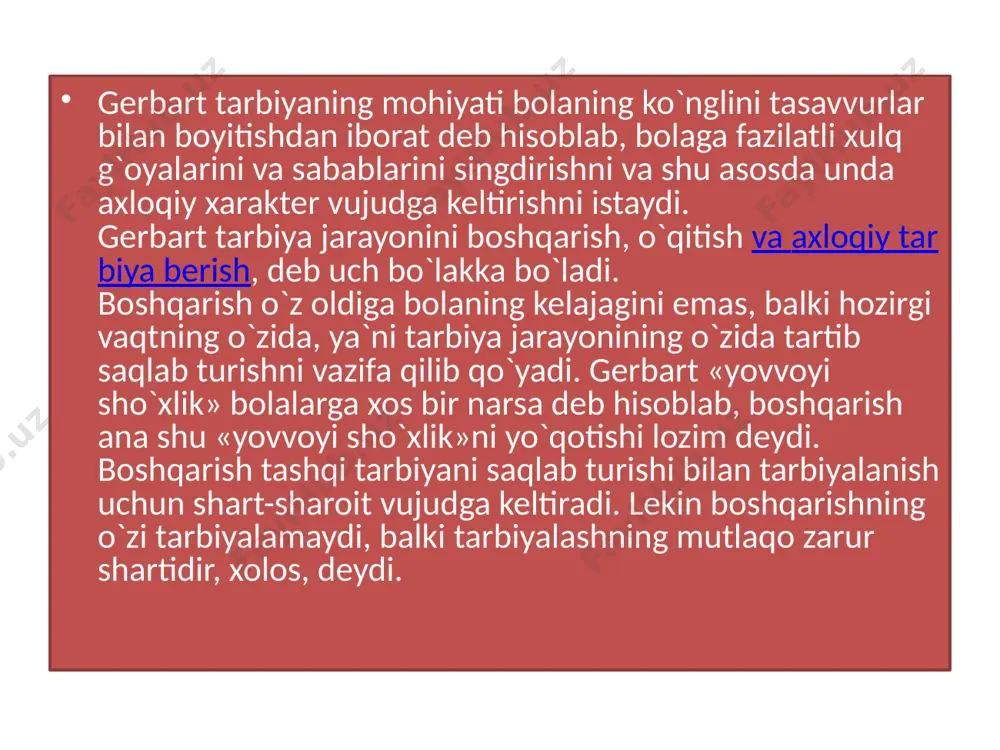ydi. mashhur nemis pedagogi fridrix vilgelm adolf disterverg (1790-1866) 19-asr oʻrtalarida demokratik pedagogikaning ilgʻor vakili hisoblanadi. disterverg pedagogika sohasida samarali ish olib borishi bilan bir qatorda adabiy va uslubiy faoliyatini ham muvaffaqiyatli yakunladi. «nemis oʻqituvchilarini tayyorlash boʻyicha qoʻllanma» (1835) kitobini nashr ettirdi. bu kitobda disterverg ta'limning umumiy vazifalari va tamoyillari haqidagi ilg'or qarashlarini bayon qildi. disterveg umumbashariy ta'lim g'oyasini himoya qildi, shu g'oyaga asoslanib, u qabilaviy va shovinistik manfaatlar uchun pedagogik masalalarning zulmiga qarshi kurashdi. uning fikricha, maktabning vazifasi “haqiqiy prussiyaliklar” emas, balki insonparvar insonlar va o‘ng qanot fuqarolarni tarbiyalashdan iborat. odamlarning insoniyatga, o‘z xalqiga bo‘lgan mehr-muhabbati bir-biri bilan bog‘langan holda rivojlanishi kerak. disterveg "inson mening ismim, nemis mening laqabi" dedi. pestalotsi singari , u ta'limning eng muhim tamoyili uning tabiat bilan uyg'unligi deb hisoblardi. disterveg ta'lim tabiat bilan uyg'un bo'lishi quyidagi mazmunda, ya'ni ta'lim bolaning tabiiy kamolotiga asoslangan bo'lishi, o'quvchining yoshi va o'ziga xos xususiyatlarini hisobga olishi kerakligini tushuntirdi. …