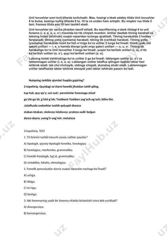 gapirib bering. nutq apparati — odam organizmining nutq tovushlari hosil boʻlishida qatnashadigan turli qismlari. til, lab, yumshoq tanglay, hiqildoq muskullari va nafas muskulaturasidan tashkil topgan pe-riferik nutq apparati faoliyatini bosh miya poʻstlogʻi boshqaradi. aktiv nutq aʼzolariga til, lab, yumshoq tanglay, passiv nutq aʼzolariga esa tishlar, qattiq tanglay, burun boʻshligʻi kiradi. nutq aʼzolari 3 qismdan iborat: 1) nafas yoʻli — nutq apparatining quyi qismi; 2) hiqildoq — nutq apparatining oʻrta qismi; 3) tomoq, ogʻiz va burun boʻshliqlari — nutq apparatining yuqori qismi. nutq apparatining quyi qismi (nafas yoʻli) tovush chiqarish uchun asos boʻlib xizmat qiladi. nutq apparatining yuqori qismi — boʻgʻiz va tomoq, ogʻiz va burun boʻshlikdari muhim nutq aʼzolari boʻlib, nutq tovushlarining rang-barang turlarini hosil qiladi. 9. singarmonizm nima? (yun. syn birga va harmonia — ohangdoshlik, uygʻunlik), unlilar garmoniyasi (ohangdoshligi) — asosan, turkiy tillarda, qisman moʻgʻul, tungusmanjur, fin-ugor, paleoosiyo tillarida uchraydigan fonetik hodisa; bunda muayyan soʻz shaklining (ham asos, ham …