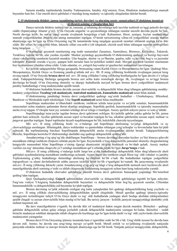 ollar ko‘p hollarda olduvoy qurollariga o‘xshab ketadi. tadqiqotchilarning fikrlariga qaraganda, selungur topilmalarining yoshi 1 mln. yildan ziyodroqdir. selungur topilmalari orasidan eng ahamiyatlisi qadimgi odam jag‘ suyaklari, tishlari va elka suyaklaridir. fanda “farg‘ona odami”-”fergantrop” deb nomlangan bu qazilma odam qoldiqlari eng qadimgi odam haqidagi tasavvurlarimizni yanada kengaytirish bilan birga o‘rta osiyo, xususan o‘zbekistonning insoniyat paydo bo‘lib rivojlangan o‘choqlardan biri ekanligini uzil-kesil isbotlaydi. ilk paleolit (ashel madaniyati) davri eng qadimgi odamlarning makonlaridagi topilmalarida sodda va qo‘pol tosh qurollar ko‘pchilikni tashkil etadi. bu davr kishilarining qurollari o‘zining soddaligi, qo‘polligi, turlarining kamligi jihatdan keyingi davrlardan keskin farqlanadi. ilk paleolit davri odamlari jismoniy jihatdan ham, aqliy jihatdan ham hozirgi qiyofadagi aql-idrokli odamlardan ajralib turadilar. ular asosan termachilik va ovchilik bilan tirikchilik o‘tkazganlar hamda tabiat oldida juda ojiz bo‘lib, unda mavjud bo‘lgan tayyor mahsulotlarni o‘zlashtirib yashaganlar. ular na diniy tushunchani, na hunarmandchilikni va na chorvachilikni bilganlar. o‘rta paleolit (muste madaniyati) - qadimgi tosh asrining muhim va …