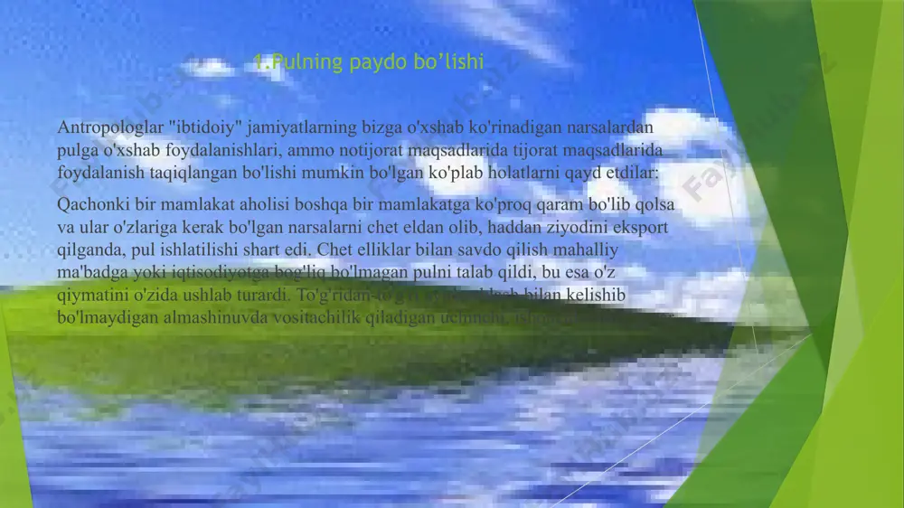 si jarayonida yuzaga keladi. nasiyaga sotilgan tovarlar va xizmatlar haqi toʻlanganda, qarz qaytarilganda pul toʻlov vositasi rolini bajaradi. pulning bu vazifasi muomalaning turli kredit vositalari — veksel, chek, banknotlarnp keltirib chiqaradi. pul shakliga koʻra, naqd pul (aniq moddiy shaklga, yaʼni qogʻoz, tanga) va naqd boʻlmagan pul (aniq moddiy shaklga ega boʻlmagan, bankdagi bir joriy hisobvaraqdan boshqasiga koʻchirib yozib qoʻyish orqali harakat qiluvchi pul) koʻrinishida buladi. muomala doirasi darajasiga koʻra, milliy pul (asosan, mamlakat hududida amalda boʻladigan), xalqaro yoki mamlakatlararo (baynalmilal) pulga boʻlinadi. maxsus chiqariladigan jahon puli yoʻq, ammo umumiy universal toʻlov vositasi rolini eng qadri yuqori, erkin almashtiriladigan pul uynaydi. 3.pul tizimi, uning turlari va asosiy elementlari pul tizimi - bu mamlakatda tarixan tarkib topgan va milliy qonunchilik bilan tasdiqlangan pul muomalasini tashkil qilish shaklidir pul tizimi turlari pul qanday shaklda amal qilishiga bog'liq, ya'ni umumiy ekvivalent - tavor sifatida yoki qiymat belgisi sifatida bo'lishiga qarab quyidagicha pul tizimlar mavjud …