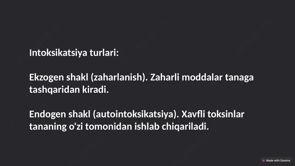 unksional o'zgarishlari oziq-ovqatni iste'mol qilish og'riq, quruqlik, ta'm sezgirligining buzilishi nutq tili tilga olish qiyinligi, ovozning o'zgarishi yutish yutish qiyinligi, og'riq 6 og'ish bo'shlig'ida patologik jarayonlar rivojlanish mexanizmlari 1 to'qima shikastlanishi ekzogen toksinlar og'iz bo'shlig'i to'qimalariga to'g'ridan-to'g'ri ta'sir qiladi. 2 yallig'lanish reaktsiyasi tananing immunitet tizimi shikastlangan to'qimalarni tiklashga harakat qiladi. 3 funksional buzilishlar yallig'lanish va to'qima shikastlanishi og'iz bo'shlig'ining funksiyasini buzadi. 4 patologik o'zgarishlar yallig'lanish va to'qima shikastlanishi davom etsa, patologik o'zgarishlar rivojlanadi. 7 og'ish bo'shlig'idagi o'zgarishlarning klinik ko'rinishlari og'riq tishlarda, tilga olishda, yutishda og'riq qizish og'iz bo'shlig'ining shilliq qavatida qizish quruqlik og'izda quruqlik hissi yomon hid og'izdan yoqimsiz hid chiqishi 8 ekzogen intoksikatsiyada og'ish bo'shlig'i patologiyasini davolash tamoyillari sababni bartaraf etish toksinlar va boshqa intoksikatsiya omillarini yo'qotish yallig'lanishni bartaraf etish yallig'lanishga qarshi dorilar, og'riq qoldiruvchi vositalar qo'llash to'qimalarni tiklash antiseptiklar, yaralarni davolovchi vositalar qo'llash og'iz gigienasini saqlash tishlarni muntazam tozalash, og'izni chayish, stomatologga muntazam tashrif buyurish 9 image1.png image2.png …