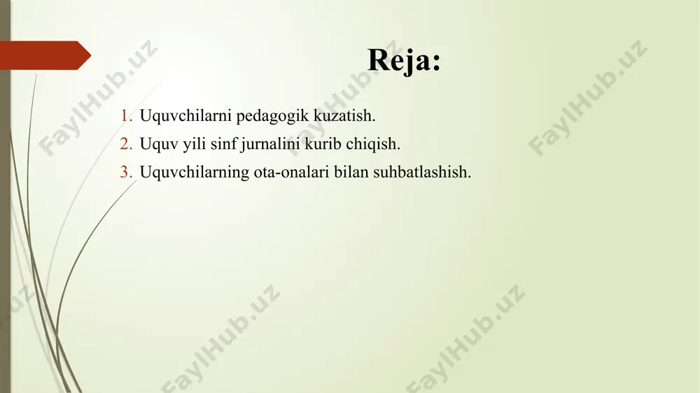 adigan va uyga berilgan mustaqil va ijodiy ishlar tizimi va ijodiy haqida, maktab kursidagi barcha fanlar buyicha uquvchilarning uzlashtirishlari haqida, baholarning tuplanishi, darslarda uquvchilar suralishining muntazamligi haqida, darslarda utilgan uquv materialining jurnaliga yozish sifati va hokazolar haqida tasavvur berishi mumkin. tekshiruvlar haqida direktor va uning urinbosari sinf jurnaliga qarab darslardagi davomat, darsni qoldirgan uquvchilar bilan ishlash haqida, uquvchilar tez-tez uy vazifalarini bajarmasliklari haqida fikr yuritishlari mumkin. sifn jurnallarini har oyda kamida 2 marta tekshirish kerak. tekshiruvdan sung jurnalga uning tekshirilgan vaqti va kim tekshirgani yozib quyiladi. maxsus ish kundalagi daftarida esa tekshirish natijalari buyicha xulosalar yozib quyiladi, uqituvchilarga sinf rahbarlariga aniq takliflar-tavsiyalar beriladi. jiddiy kamchiliklar topilganida maktab buyicha alohida buyruq berilishi mumkin. suhbat yordamida vijudga keladigan masalalarni tez hal etish suhbat yordamida vijudga keladigan masalalarni tez hal etish, ota-onalar bilan ishonchli munosabatlar urnatish, uquvchilar, oilaviy tarbiya sharoitlari haqida qushimcha, maʼlumotlar olish, ota-onalarga pedagogik bilim berish, bolaning yakka tartibdagi rivojlanishi dasturini …