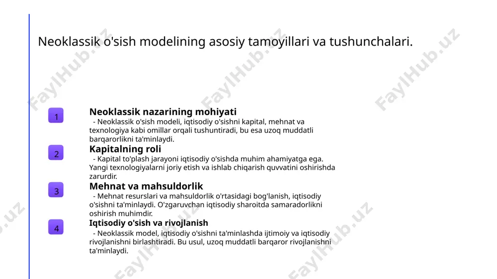ishga olib keladi. 03 iqtisodiy o'sish innovatsiyalar iqtisodiy o'sishni tezlashtiradi, yangi ish o'rinlari yaratadi va uzoq muddatda barqaror rivojlanishni ta'minlaydi. xulosa: 01 neoklassik o'sish modeli neoklassik o'sish modeli kapital to'plash va samaradorlikni oshirishga qaratilgan. bu model iqtisodiy rivojlanish uchun asosiy tamoyillarni belgilaydi. 02 o'zbekistonda kapital to'plash o'zbekistonda bir sektor iqtisodiyotida kapital to'plash strategiyalari muhim ahamiyatga ega. investitsiyalarni jalb qilish orqali iqtisodiy o'sishni ta'minlaydi. 03 innovatsiyalar va rivojlanish iqtisodiy rivojlanishda innovatsiyalar katta rol o'ynaydi. ular samaradorlikni oshirib, yangi imkoniyatlar yaratadi, bu esa o'sish sur'atlarini tezlashtiradi. e'tiboringiz uchun rahmat! image1.jpg image2.jpg image3.jpg /docprops/thumbnail.jpeg