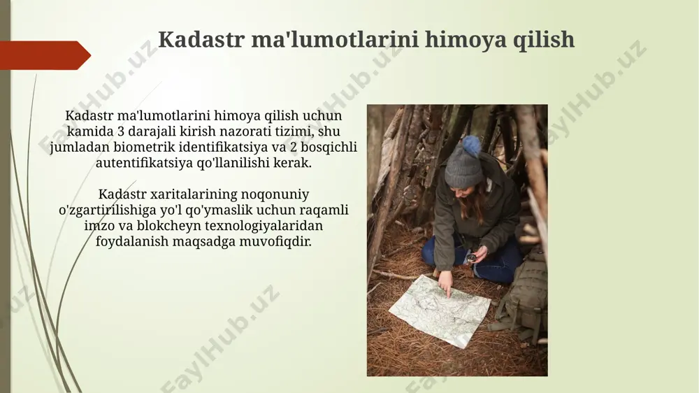 kadastr ma'lumotlarini to'plash va qayta ishlash ma'lumotlar bazasini yaratishda va yangilashda, kamida ikki xil manbadan (masalan, davlat reestri va yer uchastkalari egasining hujjatlari) tasdiqlovchi ma'lumotlardan foydalanish kerak. kadastr ma'lumotlarini to'plashda gps texnologiyalaridan foydalanish aniqlikni 10 sm gacha oshiradi va 30% ga vaqtni tejaydi, bu esa samaradorlikni yaxshilaydi. huquqiy asoslar va me'yorlar oʻrmon fondi chegaralarini aniqlash va tasdiqlash jarayoni yer uchastkalarini kadastr reestri va davlat yer kadastri ma'lumotlari bilan muvofiqlashtirishni oʻz ichiga oladi. davlat oʻrmon kadastrini yuritish tartibi oʻzbekiston respublikasining 268-sonli "oʻrmon toʻgʻrisida"gi qonuni va tegishli vazirliklarning 10 dan ortiq qarorlari bilan tartibga solinadi. axborot tizimlarini qo'llash ma’lumotlar bazasi boshqaruv tizimlari (dbms) orqali 500 mingdan ortiq uchastkalar to‘g‘risidagi ma’lumotlarni saqlash, qidirish va tahlil qilishni tezlashtiradi, shuningdek, ma’lumotlarning yaxlitligini ta’minlaydi. sun’iy yo‘ldosh tasvirlari va dronlardan olingan aerofoto suratlarini qo‘llash orqali 20% ga yaqin vaqt tejash, o‘rmon fonini aniqlash va chegaralarni aniqlash aniqligi 95% ga oshadi. o'rmon xo'jaligi ob'ektlarini ro'yxatga olish davlat o'rmon …