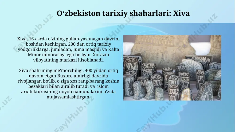 sent-denis abbatligi yaqinida joylashgan kichik bir aholi punkti sifatida paydo boʻlib, keyinchalik 18-asrda 600 000 dan ortiq aholi istiqomat qiluvchi yirik shaharga aylandi. tabiatdagi naqshlar: oltin nisbat oltin nisbat, xiva shahridagi itchan-qal'aning devorlaridagi naqshlar va shaharning umumiy tuzilishida ham kuzatiladi, bu esa 1000 yildan ortiq tarixga ega bo'lgan shaharning uyg'unligini aks ettiradi. buxoro shahridagi poi kalyan majmuasining naqshlari ham oltin nisbat qonunlariga amal qiladi, bu esa 11-16 asrlar o'rtasidagi o'zbek me'morchiligining matematik asosini ko'rsatadi. oʻzbekiston tarixiy shaharlari: toshkent toshkentda 19-asr oxiri, 20-asr boshlarida qurilgan go'zal qo'shma shtatlari elchixonasi binolari, eklektik uslubdagi me'moriy yechimlari bilan ajralib turadi va shaharning ko'p millatli madaniy tarixini namoyish etadi. toshkent metropoliteni, 1977-yilda ochilgan, 4 ta liniyaga ega bo'lib, 35 dan ortiq stansiyalarini o'z ichiga oladi va shaharning jadal rivojlanishini, zamonaviy infratuzilmani aks ettiradi. shaharlarning ijtimoiy-iqtisodiy rivojlanishi бухоро шаҳрининг 15 асрдан ортиқ тарихи давомида суғориш тизими ривожланиши, қишлоқ хўжалигининг ёрдами билан аҳоли сонининг ўсишига ва иқтисодий …