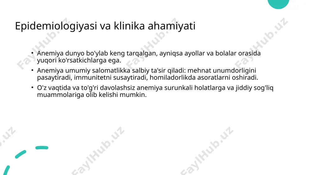 t mahsulotlari, choy, kofe bilan birga qabul qilishdan saqlanish kerak. davolash davomiyligi: gemoglobin tiklangandan so'ng, temir zaxiralarini to'ldirish uchun kamida 3-6 oy. yon effektlari: ko'ngil aynishi, qabziyat, diareya, qorinda og'riq. qabul qilish qiyin bo'lsa, dozani kamaytirish yoki boshqa shakllarni sinab ko'rish. tta - ratsional davolash: parenteral temir preparatlari ko'rsatmalari: peroral temirni o'zlashtira olmaslik (yoki noto'g'ri o'zlashtirish). peroral temirga oshqozon-ichakdan nojo'ya ta'sirlar. tezkor gemoglobin tiklash zarurati (masalan, operatsiyadan oldin, homiladorlikning iii trimestrida). surunkali qon yo'qotish, davomiy yuqori dozali peroral temir kerak bo'lganda. preparatlar va yuborish usuli: temir dekstran, temir gipofosfat, temir karboksimatoz va boshqalar. tomir ichiga (intravenoz) yuborish eng samarali va xavfsiz usul hisoblanadi. doza va yuborish sxemasi bemorning og'irligi va anemiya darajasiga bog'liq. ehtiyot choralari: anafilaktik reaktsiyalar xavfini kamaytirish uchun asta-sekin yuborish va kuzatuv zarur. e’tiboringiz uchun rahmat