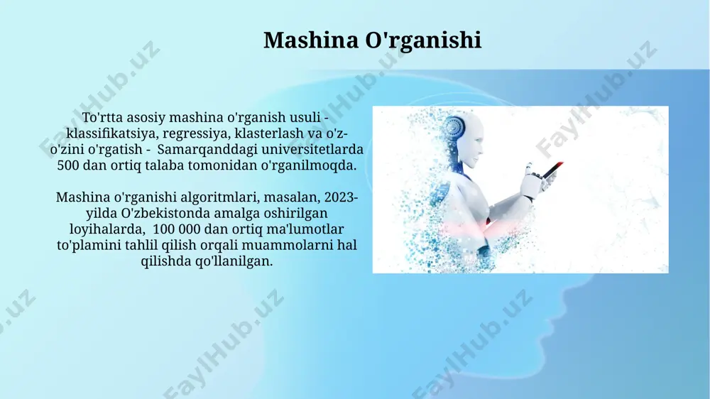 kabi global kompaniyalar sun'iy intellekt yordamida 2022 yilda mijozlarga xizmat ko'rsatish jarayonini 30% ga avtomatlashtirib, xarajatlarni sezilarli darajada kamaytirdi va samaradorlikni oshirdi. sun'iy intellektning ta'rifi sun'iy intellekt (si) 1956-yilda dartmouth konferensiyasida rasman ta'riflangan bo'lib, mashina o'rganishi, chuqur o'rganish va tabiiy tilni qayta ishlash kabi 3 ta asosiy yo'nalishga ega. dunyoning turli burchaklarida, xususan aqsh, xitoy va yevropa ittifoqi mamlakatlarida sun'iy intellekt texnologiyalari bozor hajmi 2025-yilga kelib 1 trln. dollardan oshib ketishi kutilmoqda. sun'iy intellektning kamchiliklari sun'iy intellekt algoritmlari, masalan, google tomonidan ishlab chiqilganlar, ba'zan 20% ga yaqin xatoliklarga yo'l qo'yishi mumkin, bu esa sog'liqni saqlash yoki moliya kabi muhim sohalarda jiddiy oqibatlarga olib kelishi mumkin. sun'iy intellektning yuqori xarajatlari, taxminan 1 million dollardan oshib ketishi mumkin bo'lgan dasturiy ta'minot va jihozlarni sotib olishni, shuningdek, malakali mutaxassislarni yollashni o'z ichiga oladi, bu esa kichik kompaniyalar uchun katta to'siq bo'ladi. robot texnologiyalari aqshning boston dynamics kompaniyasi tomonidan ishlab chiqarilgan atlas roboti ikki …