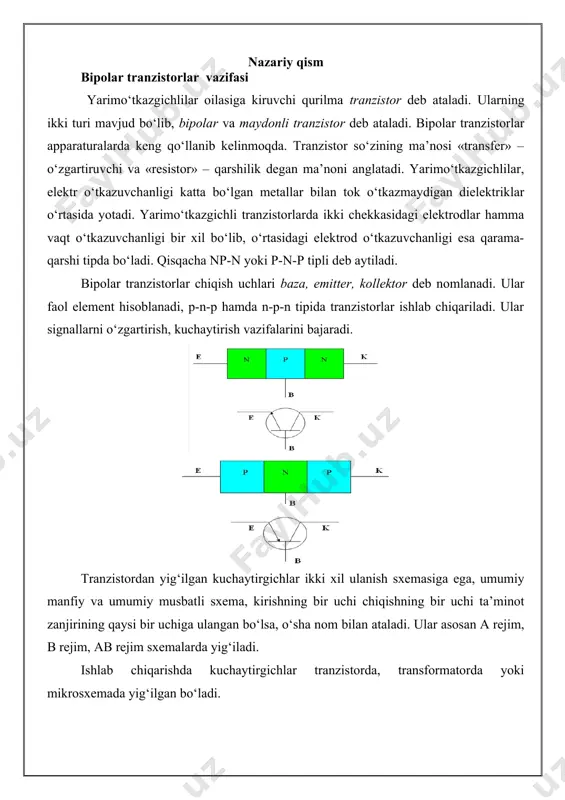 aymiz. odatda rk quyidagi tengsizlikdan aniqlanadi: bu yerda kr r rezistor qarshiligi va r yuklama qarshiliklarining bog’liqligini xisobga oluvchi koeffisiyent; kr = (1,2 – 1 ,5) – past yuklamalar uchun (r 1k om), kr = (1,5 – 5,0) – yuqori yuklamalar uchun (r > 1k om). r = 0,09 k om k = 0.09, k 1+ k 1 r = k om r = 0.18 k om rezistor qarshiligi qiymatini aniqlaymiz. rni quyidagi shart asosida aniqlanadi: r = (0,1 ÷ 0,5) r r ning qiymati qanchalik katta bo‘lsa, doimiy tok bo‘yicha manfiy qayta bog’lanish (q.b) shuncha chuqur bo‘ladi va binobarin, sxemaning issiqlik bo‘yicha stabilligi shuncha yaxshi bo‘ladi. kollektor tokining nisbiy chetga chiqishi haroratning 400k belgilangan oralig'ida uncha katta bo‘lmasligini xisobga olib, quyidagiga ega bo‘lamiz. re = 0,5 ∙ rk = 0,5 ∙ 0,18 = 0.09 kom. 3- rasmdagi chiqish tavsifnomalaridan ikkita nuqta bo‘yicha yuklama to‘g'ri chizig'ini quramiz. 1–inchi nuqta ik=0; …