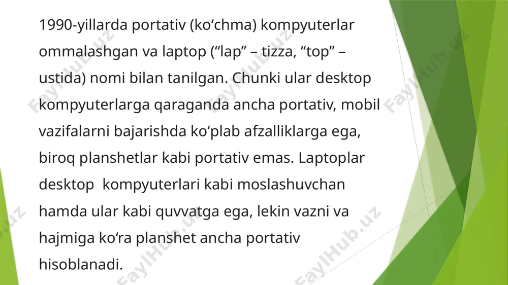 dalanish uchun har oy haq ham toʻlash kerak boʻladi. smartfon – koʻp funksiyali mobil telefon. uning mittigina korpusi ichiga kamera, zichligi yuqori displey, katta hajmli xotira, mikro sd karta sloti va sensorli ekran joylashgan bo‘ladi. planshetdagi kabi ilovalarni yuklab olishingiz va tezkor ravishda internetga ulanishingiz mumkin; smartfondan electron pochtadan foydalanish, internetda veb-sahifalarni koʻrish, musiqa eshitish va (ekran anchagina kichik boʻlsa ham) kino tomosha qilishishingiz mumkin. planshetlar kabi smartfonlar ham ilovalar deb ataluvchi kichraytirilgan dasturlardan foydalanadi, ularning siz xayolingizga keltira oladigan deyarli har qanday sohaga oid turi topiladi. masalan, sog‘liq va fitnes nazorati, yulduzlarni aniqlash, matn bilan ishlash, elektron jadvallar va diagrammalar bilan ishlash, oʻyin oʻynash kabi ilovalar. ushbu roʻyxatni planshetdan foydalanish sohasi yo‘nalishida cheksiz davom ettirishingiz mumkin. image1.png image2.png image3.png /docprops/thumbnail.jpeg