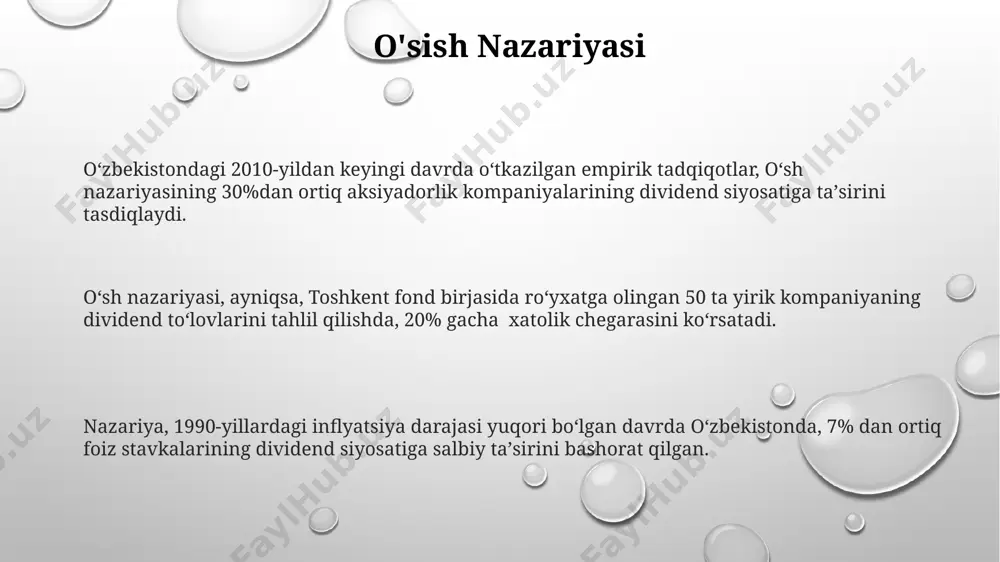 iq bo’lgan soliq stavkalari bilan yuqori daromadli kompaniyalar misolida o’rganadi, bu esa dividendlarning kamayishiga olib kelishi mumkin. o'zbekiston sharoitida bu 2023 yilgi soliq qonunchiligida aks etadi. 1990-yillardan boshlab, ko'plab rivojlangan mamlakatlarda korporativ soliqlarning pasayishi kuzatildi, bu esa soliq nazariyasi doirasida dividend siyosatiga bo'lgan qarashlarni qayta ko'rib chiqishga olib keldi va optimal dividend darajasining aniqlanishini o'zgartirdi. moliyaviy nazorat nazariyasi moliyaviy nazorat nazariyasi, 1980-yillarning boshlarida aqshda rivojlangan bo'lib, korxonalarning moliyaviy faoliyatini 3-5 yillik davrda baholash usullarini taklif qiladi. ushbu nazariya doirasida, korporativ boshqaruvning samaradorligi 20 dan ortiq ko'rsatkichlar yordamida, jumladan, rentabellik va likvidlilik darajasi orqali o'lchanadi. moliyaviy nazorat nazariyasi, evropa mamlakatlarida keng qo'llanilib, 10% dan ortiq foizli dividendlarning taqsimlanishiga ta'sir etuvchi omillarni aniqlashda yordam beradi. axborot signallari nazariyasi аxборот сигналлари назариясига кўра, 1960 йилларда мичиган университетида олиб борилган тадқиқотлар, дивиденд тўловларининг кутилмаган ўзгаришлари компаниянинг келажакдаги даромадлари ҳақидаги прогнозларни ифодалайди деган хулосага келган. аxборот сигналлари назарияси, акциялар нархининг 5% дан ортиқ ўзгариши орқали, …