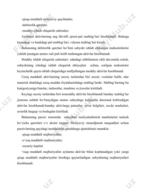 . keyingi asosiy turlaridan biri nomoddiy aktivlar hisoblanadi bunday mablag‘lar jismona ushlab bo‘lmaydigan ammo subyektga kelgusida daromad keltiradigan aktivlar hisoblanadi.bunday aktivlarga patentlar, tovar belgilari, savdo markalari, avtorlik huquqi va boshqalar kiritiladi. balansning passiv tomonida subyektni moliyalashtirish manbalarini tanlash bo‘yicha qarorlari o‘z aksini topgan. moliyaviy menedjment maqsadlari uchun passivlarning quyidagi moddalarini guruhlarga ajratishimiz mumkin: -qisqa muddatli majburiyatlar; -o‘zoq muddatli majburiyatlar; -xususiy kapital. +isqa muddatli majburiyatlar aylanma aktivlar bilan koplanadigan yoki yangi qisqa muddatli majburiyatlar hisobiga qaytariladigan subyektning majburiyatlari hisoblanadi. uzoq muddatli aktivlar-bir yildan uzoq muddatdan sung qaytarilishi lozim bo‘lgan majburiyatlardir. uzoq muddatli majburiyatlarning asosiy turlari sifatida uzoq muddatli qarzlar va kreditlar kiritiladi. passivlarning keyingi ko‘rsatkichi, xususiy kapital bo‘lib agar subyekt aksiyadorlik jamiyati hisoblansa, aksiyadorlik kapitali deb yuritiladi. moliyaviy menedjment uchun mazkur guruh moddalarini quyilma qilingan kapital va jamgarilgan kapital turlariga ajratish muhimdir. quyilma qilingan kapital- mulkdorlar tomonidan investitsiya qilingan kapitaldir. jamg‘arilgan kapital-subyekt faoliyati natijasida soliqlar va dividentlar tulangandan sung qoladigan moliyaviy …