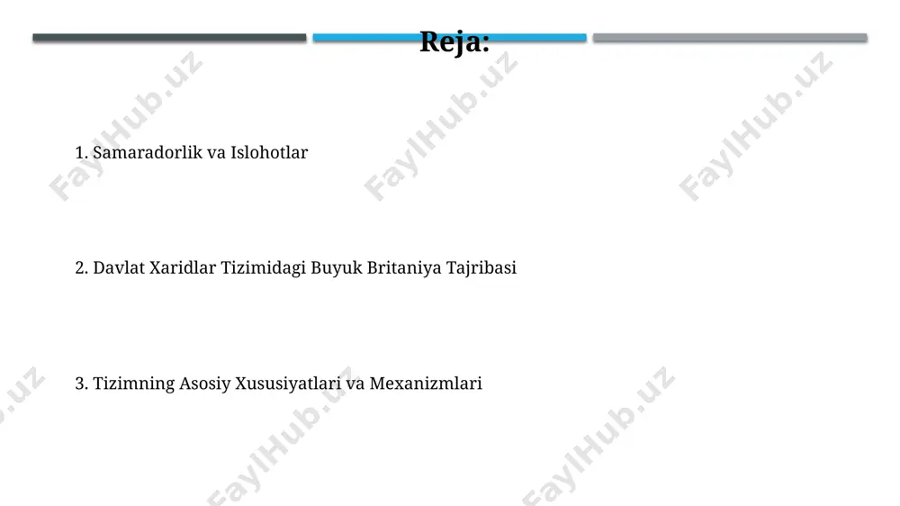 radi. buyurtmachilar 20 dan ortiq turdagi tovarlar va xizmatlarni sotib olishda elektron tenderlar tizimidan foydalanadilar, bu esa shaffoflikni oshiradi va raqobatni kuchaytiradi. xalqaro hamkorlik va tajriba almashinuvi xalqaro hamkorlik va tajriba almashinuvi doirasida elektron davlat xaridlari tizimini joriy etish boʻyicha 3 ta muvaffaqiyatli pilot loyihalar amalga oshirildi, bu esa shaffoflikni va samaradorlikni 25% ga oshirdi. jahon banki va yevropa ittifoqi kabi xalqaro tashkilotlar bilan hamkorlikda davlat xaridlari sohasida korruptsiyaga qarshi kurash boʻyicha 10 dan ortiq oʻquv dasturlari va seminarlar oʻtkazildi, natijada 1500 dan ortiq davlat xodimi oʻqitishdan oʻtdi. tender jarayoni va bosqichlari tender jarayonida, davlat xaridlari to'g'risidagi qonunchilikka muvofiq, kamida 3 ta taklif olish shart, aks holda tender bekor qilinishi mumkin. baholash bosqichida, takliflar sifati, narxi va muddatlari kabi 5 ta asosiy mezon bo'yicha ballar beriladi va eng yuqori ball to'plagan taklif g'olib deb topiladi. kelajak rejalari va strategiyasi kelajak rejalari va strategiyasi davlat xaridlari tizimining samaradorligini 2025-yilga qadar 15% …