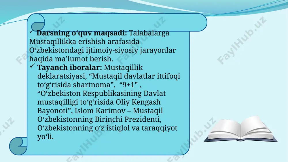 gan boy an’analari, har bir millatning o’z taqdirini o’zi belgilash huquqini taminlashdan iborat oliy maqsad haqqi, har bir kishining farovon hayot kechirishini ta’minlashni oliy maqsad deb bilgan holda, o’zbekiston xalqining kelajagi uchun tarixiy mas’uliyatni chuqur his etgan holda, xalqaro huquq qoidalariga, umumbashariy qadriyatlarga va demokratiya prinsplariga asoslanib, o’zbekiston sovet sotsialistik respublikasining davlat mustaqilligini e’lon qiladi mustaqillik deklarasiyasining qabul qilinishi mamlakatimizning tom ma’nodagi, haqiqiy mustaqillikka erishish yo‘lida muhim ahamiyatga ega bo‘ldi. shundan e’tiboran mamlakatimizning siyosiy, iqtisodiy va ma’naviy hayotiga doir masalalar mustaqil tarzda hal etila boshlandi. o‘zbekistonning mustaqillik sari intilayotgani uning yangi ittifoq shartnomasini ishlab chiqish jarayoniga respublika manfaati nuqtayi nazaridan kelib chiqqan holda, qat’iylik bilan yondashayotganida yaqqol namoyon bo‘ldi. 1991 yil aprelda kiyevda ukraina, rossiya, belarus, o‘zbekiston, qozog‘iston respublikalari rahbarlarining uchrashuvi bo‘ldi. uchrashuvda mustaqil respublikalar manfaatlariga mos keladigan ittifoq shartnomasini tuzishga yondashish yo‘llari ishlab chiqildi va tegishli bayonot imzolandi. bu hujjatni qirg‘iziston, тojikiston, тurkmaniston respublikalari ham imzolashga rozilik bildirdi. markaz …