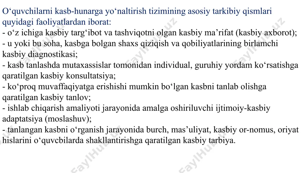 vrining oxirlari va o‘spirinlik yoshiga kelib, ularda mehnat ko‘nikma va malakalari rivojlanadi. bu ko‘nikma va malakalari ularning kelgusidagi kasbiy faoliyatlari bilan to‘g‘ridan-to‘g‘ri bog‘liq. har qanday kasbiy ko‘nikma va malakalaming o‘sishi, avvalo, o‘spirin intellektining umumiy rivojlanganlik darajasiga bog‘liq. shuning uchun ham bu davrdagi o‘spirinlar intellektining rivojlanishiga alohida e’tibor berish lozim. bu yoshdagi bolalar uchun muloqotga kirishish ehtiyojining mavjudligi ham juda muhim, lekin u yetakchi emas, faqat tanlagan kasb va yo‘nalishlari bo‘yicha mashg‘ul bo‘lmagan o‘spirinlargina ko‘proq tengdoshlari bilan muloqotda bo‘lishga ehtiyoj sezadilar. bu yoshdagi bolalar mehnat faoliyati bilan xuddi kattalardek shug‘ullana oladilar. ilk o‘spirinlik davrini kasbiy bilim, ko‘nikma va malakalaming shakllanishi uchun senzitiv davr deb hisoblash mumkin. o‘zining kasbiy taqdirini tasodifan yoki noto‘g‘ri hal etilishi murakkab ichki kechinmalarga, ikkilanishlarga, ziddiyatlarga olib kelishi mumkin. bu esa yigit va qiz hayoti uchun ham, jamiyat uchun ham katta zarar keltiradi. kasb tanlash vaqtida ilk o‘spirinlar o‘z moyilligi va qobiliyatlarini shaxsiy sifatlar, xususan, nerv sistemasining tipi, …