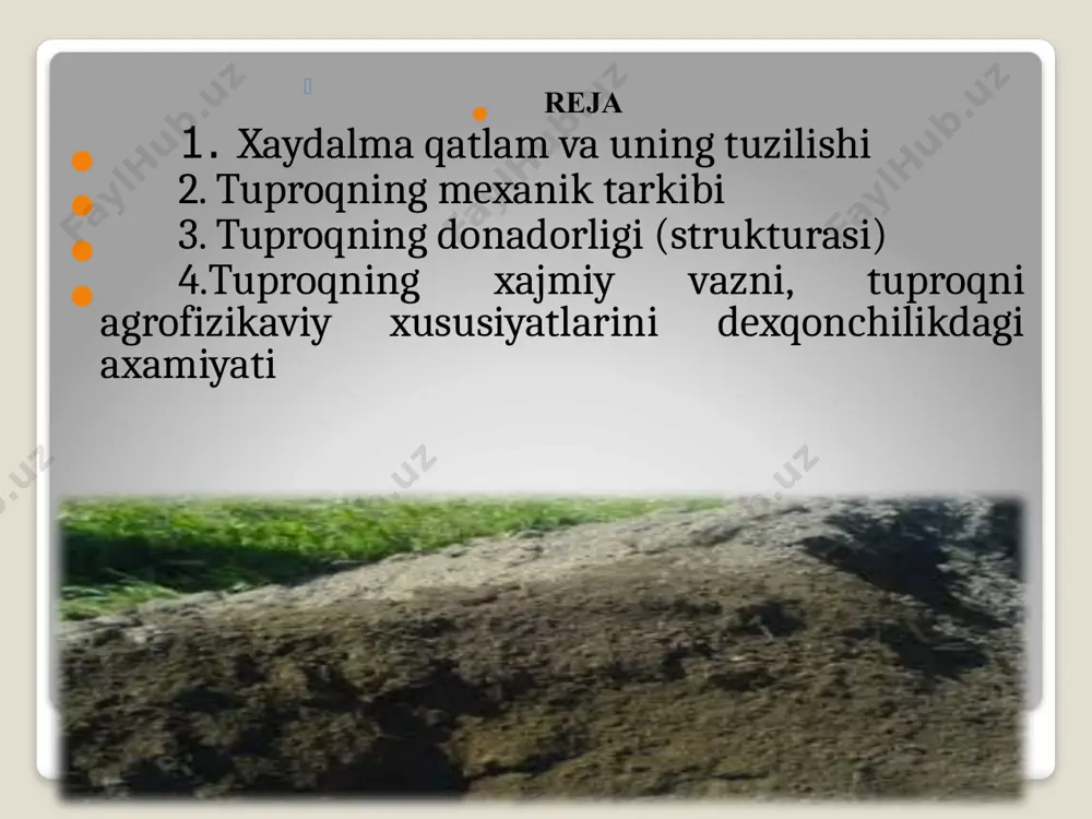 ddalar ko‘p, ammo suv o‘tkazuvchanligi past, nokapillyarlik yuqori bo‘lib, namlikni uzoq ushlab turadi. mexanik tarkib, 100 % qum, 0-10 % qumloq, 10-20 % yengil qumloq 20-30 % yengil soz 60-70 % og’ir qumoq, 45-60 % o’rta qumoq, 30-45 % o’rta soz 70-80 % og’ir soz 1-80 % механик таркиб синфлари. (с.н. рыжов) mexanik tarkib sinflari. (s.n. rijov) tuproq strukturasi va uni yaxshilash usullari. mayda chang zarrachalarini bir - biri bilan yopishib, har xil kattallikdagi agregatlar (kesaklar) hosil qilishi tuproq strukturasi deyiladi. struktura hosil bo‘lishida organik modda elimlovchi vazifasini o‘taydi. chirindi qancha ko‘p bo‘lsa tuproq strukturasi shuncha yaxshi bo‘ladi. tuproq strukturasini saqlashda erga ishlov berish sonini kamaytirish ham alohida o‘rin tutadi. agronomiya nuqtai nazaridan qaraganda esa, suvda yuvilib ketmaydigan, ya’ni mustahkam bo’lgan kesakchalargina eng yaxshi hisoblanadi. bunday kesakchalar suvga chidamli, ulardan tashkil topgan tuproq esa mustahkam strukturali tuproq deyiladi. strukturasiz tuproqlar suv ta’sirida oson uvalanib ketadigan kesakchalardan tuzilgan bo’ladi. strukturali mega …