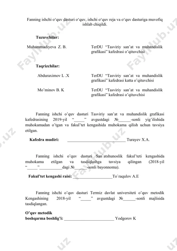 iga; asosiy zamin bo'lib xizmat qilib, bo’lajak pedagog rassomlarga borliqni ko’rib- kuzatib to’g’ri tasvirlash, muhitni undagi ranglami idrok etish, qo’l, ong va sezgilarini shakllantirish hamda bo’lajak rassom-pedagoglami tasviriy san’at asoslariga o’rgatishni maqsad qilib qo’yadi. ushbu dastur pedagogika oliy o’quv yurtlari, tasviriy san’at va muhandislik grafikasi bakalavriat ta’lim yo’nalishlari talabalari uchun mo’ljallangan bo’lib, unda tasviriy san’atning asosi bo’lgan rangtasviming kelib chiqish tarixi va rivojlanishi, tasviriy san’at qonun-qoidalari, bo’lajak tasviriy san’at o’qituvchilarini pedagogik jarayonga puxta tayyorlashda rangtasviming ahamiyati haqida so’z boradi. 5110800-tasviriy san’at va muhandislik grafikasi ta’lim yo’nalishi mutaxassisi mazkur fanni puxta o’rganishi dolzarb hisoblanadi ii.o’quv fanining maqsadi va vazifalari rangtasvir fanining maqsadi - rangtasvir - qalamtasvir, dekorativ - amaliy san’at kabi tasviriy san’at fanlariga; asosiy zamin bo'lib xizmat qilib, bo’lajak pedagog rassomlarga borliqni ko’rib- kuzatib to’g’ri tasvirlash, muhitni undagi ranglami idrok etish, qo’l, ong va sezgilarini shakllantirish hamda bo’lajak rassom-pedagoglami tasviriy san’at asoslariga o’rgatishni maqsad qilib qo’yadi. ushbu dastur pedagogika oliy …