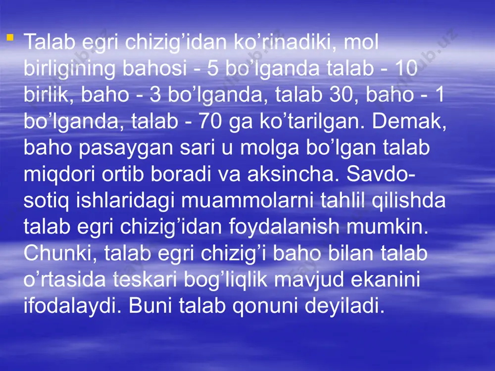 rini ziddiyatli o’zgarishlarga olib kelishi mumkin. sotuvchi va xaridorning iqtisodiy ahvoli bozor konyunkturasiga, bozorning joriy holatiga bog’liq bo’ladi. ayrim tovarlar va ularning guruhlari bo’yicha hamda butun tovar hajmi bo’yicha talab va taklifning muayyan nisbatida bozor konyunkturasi o’z ifodasini topadi. u quyidagi omillar ta’siri ostida o’zgaradi: tovarlarni ishlab chiqarish ko’lami va ularning zahiralari, baholar dinamikasi, pul daromadlar, savdo va reklamani tashkil etish, talab va taklifning o’zaro nisbati. bunda ayrim mahsulot, ular guruhi va butun tovar massasi bo’yicha talab va taklif o’rtasidagi nisbat muhim rol o’ynaydi. chunki unga tovar egasining taqdiri bog’liq bo’ladi. ishlab chiqarish 18 bozor muvozanatining yuzaga kelishi va uni iqtisodiyotga ta’siri talab va taklif o’rtasidagi o’zaro nisbatlarning tipik ko’rinishi: a) tovarlarning taklifi talabdan yuqori; b) tovarlarga talab taklifdan yuqori; c) talab bilan taklif teng. ya’ni bunda bozorda taklif talab o’rtasida muvozanatga yyerishiladi. qanday qilib, bozor muvozanatiga yyerishish, umuman sotish muammosini yaxshiroq tadqiq etish va tushunish uchun talab va taklif …
