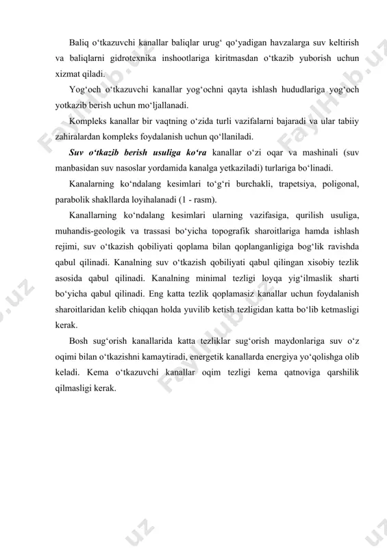 - rasm. kanallarining ko‘ndalang kesimlari: a - yarim qazima-yarim ko‘tarmali trapetseidal; b - poligonal; d - parabolik; e - chuqur qazilmali; f - ko‘tarmali; g - yo‘l va rezerv joylatirilgan; h,i - qiya tog‘ yon bagirli; j – qoyali gruntlarda. 1 - ko‘tarma; 2 - berma; 3 - qoplama chegarasi; 4 - daraxt ekilgan rezerv; 5 - suv olib ketuvchi ariq; 6 -inspektorlik yo‘li. har-xil geologik va topografik sharoitlarda kanal trassasi bo‘yicha va uning ba’zi bir uchastkalarida har-xil ko‘ndalang kesimlar qabul qilinadi. qoyamas gruntlarda kanal ko‘pincha trapetsiadal va poligonal kesimli yarim qazilma-yarim ko‘tarma kesimda o‘tkaziladi (1 - rasm, a, b). ba’zi bir hollarda ishlab chiqarish sharoitlaridan kelib chiqqan holda parabolik kesimga yaqin qilib qabul qilinadi (1 - rasm, d). bu holda damba balandligini kamaytirish uchun kanal kengroq va chuqurligi kamroq loyihalanadi. to‘liq qazilmada o‘tgan kanal uchastkalariga (1 - rasm, e) har 5…8 m dan keyin balandligi bo‘yicha kengligi 1 m …