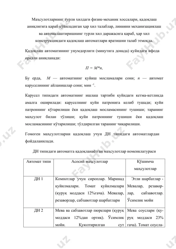 ш учун мўлжалланган. конструкцияси бўйича қуйидаги автоматлар ишлаб чиқарилади: 0 — автоном эксплуатация қилиш учун, ўзининг узатмасига ва банкаларни узатиш транспортёрларига эга; 1 — беркитиш машиналари юилан агрегатлаш учун, ўзининг узатмасига ва банкаларни узатиш транспортёрларига эга эмас; 2 — автоном эксплуатация қилиш учун, ўзининг узатмасига ва банкаларни узатиш транспортёрларига эга ва шестерняларнинг узатиш нисбати ўзгарган; қадоқлаш автоматларининг асосий параметрлари 2-жадвал типи конструктив бажа-рили-ши тара сиғими, см3 унум-дорлиги, минути-га банка тара ўлчами, мм номинал диапазон, кам эмас диаметри баланд-лиги дн 1-1-160 1 1000 1000 гача 160 50-110 35-165 2 1000 1000 гача 88 50-110 35-165 дн 1-1-250 1 1000 1000 гача 250 50-110 35-165 2 1000 1000 гача 125 50-110 35-165 дн 1-3-63 0 ва 1 3000 3000 гача 63 90-155 120-240 2 3000 3000 гача 32 90-155 120-240 дн 2-01-160 1 100 100 гача 160 50-110 30-165 2 100 100 гача 80 50-110 30-165 дн 2-01-250 1 100 100 гача …