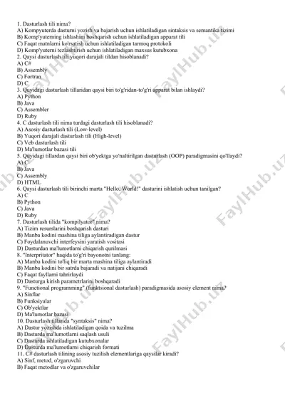 dasturlash tilini o'rganish test savollari — DOC