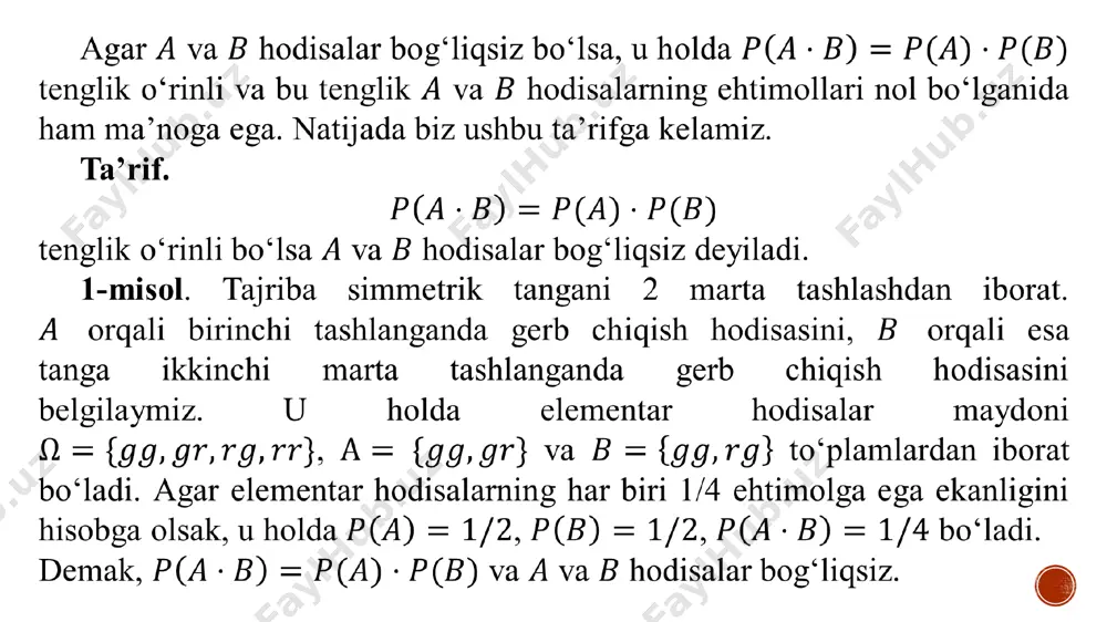 uyidagi ehtimolliklarni hisoblaymiz: , . to‘la ehtimollik formulasiga asosan . 11 3-misol. birinchi idishda 2 ta oq va 3 ta qora, ikkinchisida esa 1 ta oq va 4 ta qora shar bor. birinchi idishdan tavakkaliga 2 ta shar olib ikkinchisiga solingandan so‘ng ikkinchi idishdan tavakkaliga olingan shar oq shar ekanligi ehtimoli topilsin. yechish. , va lar orqali birinchi idishdan ikkinchisiga olib qo‘yilgan sharlarning mos ravishda har ikkalasi ham oq, har ikkalasi qora va turli rangda bo‘lish hodisalarini, orqali esa ikkinchi idishdan olingan shar oq shar bo‘lish hodisasini belgilaymiz. u holda ehtimolning klassik ta’rifiga ko‘ra , , , , , tengliklar o‘rinli boiadi. izlanayotgan hodisaning ehtimoli, to‘la ehtimollik formulasiga ko‘ra, quyidagicha bo‘ladi: va hodisalar ko‘paytmasi uchun (5) (6) tengliklar o‘rinli. (5) va (6) tengliklardan quyidagilarni hosil qilamiz: , . (7) bu yerda . (6) tenglik bayes formulasi deyiladi. bayes formulasi yana gipotezalar teoremasi deb ham ataladi. agar hodisalarni gipotezalar deb olsak, …