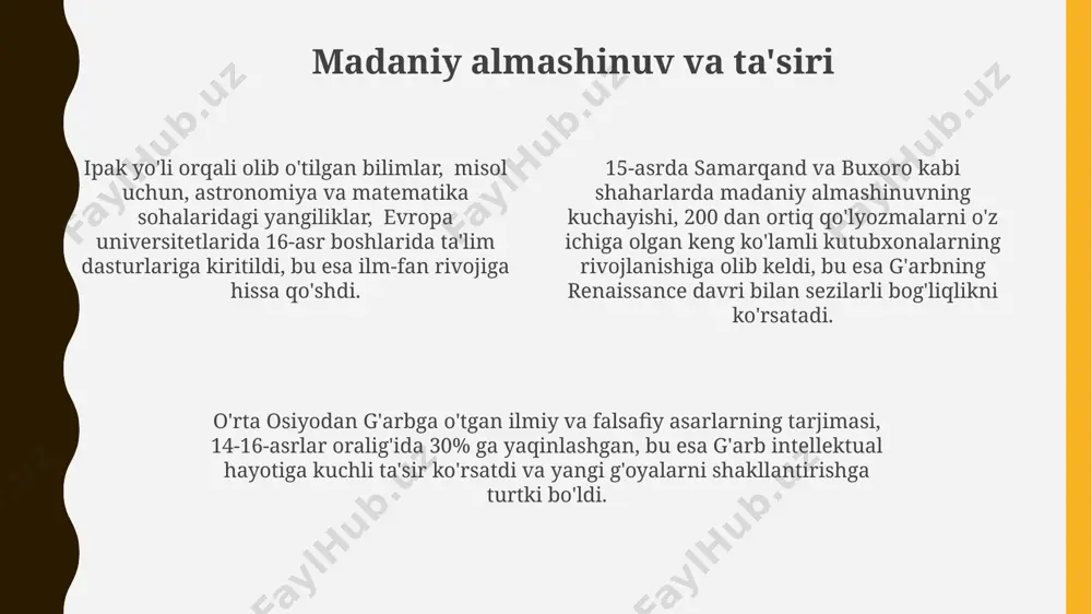 lb qilgan. axborotning saqlanishi va uzatilishi xvi asrda istanbul va quddusdagi kutubxonalar 100 000 dan ortiq qo'lyozmalarni saqlab, sharqdagi axborotning muhim markazlari bo'lib xizmat qilgan. sharqda, qo'lyozma nusxalari orqali axborot uzatilishi asosan 50-100 yil davom etgan bo'lsa, g'arbda bosmaxona tufayli bu jarayon ancha tezlashgan. g'arbiy yevropada, 15-asr oxiri va 16-asr boshlarida gutenberg bosmaxonasi 50 000 dan ortiq kitob chop etib, axborot tarqalishini tezlashtirgan. ilm-fan rivojlanishi: yaqin sharq xvi asrda samarqanddagi mirzo ulug‘bek rasadxonasi 1000 dan ortiq yulduzni kataloglashtirgan holda, yaqin sharqdagi ilm-fan rivojlanishiga ulkan hissa qo‘shdi, bu esa astronomiya sohasidagi jahon miqyosidagi yutuqlarga sabab bo‘ldi. bag‘dod va damashq kabi yirik shaharlarda 12-15-asrlar davomida faol bo‘lgan ko‘plab kutubxonalar va olimlar maktablari ilm-fan taraqqiyoti uchun muhim ahamiyatga ega edi, bu yerda falsafa, matematika va tibbiyot kabi sohalar o‘rganilgan. ibn sina (avicenna) kabi mashhur olimlarning asarlari 1000 yildan ortiq vaqt mobaynida dunyo bo‘ylab o‘rganilib, yaqin sharqning ilmiy va falsafiy fikrlariga ta’sirini ko‘rsatadi, ayniqsa, …