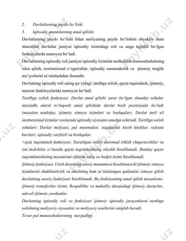 \likdir. masalan, 1995 yildan xo‘jalik subyektlarining davlat budjeti bilan o‘zaro munosabatlarida foydani taqsimlanishining davlat budjeti daromadlariga foydadan ajratma shakliga o‘tildi. xo‘jalik islohotlari sharoitida bu munosabatlar 3 shaklda namoyon bo‘ldi ya’ni: ishlab chiqarish fondlariga ajratmalar, fiksirlangan (renta) to‘lovlari; foydaning erkin qoldi\idan budjetga badallar. bozor iqtisodiyoti sharoitida esa bu munosabatlar soliqlar vositasida amalga oshiriladi. yuqoridagilarga asoslangan holda shuni ta’qidlash joizki, moliyaning iqtisodiy mohiyati masalasi mazkur kategoriyaning ichki mazmunini aniqlovchi 2 nazariya amal qiladi: 1. taqsimlash nazariyasi tarafdorlari. 2.takror ishlab chiqarish nazariyasi tarafdorlari. taqsimlash nazariyasi tarafdorlari tasdiqlaydiki, moliya ijtimoiy takror ishlab chiqarish jarayonining 2 boskichida paydo bo‘ladi, ya’ni yalpi ichki mahsulot qiymatini taqsimlash va qayta taqsimlash jarayonida vujudga keladi. takror ishlab chiqarish nazariyasi tarafdorlari esa moliya takror ishlab chiqarish kategoriyasi sifatida takror ishlab chiqarish jarayonining barcha bosqichlarida namoyon bo‘ladi deb ta’kidlaydilar. iqtisodiy qonunlarning amal qilishi. asosiy iqtisodiy qonunlar: qiymat qonuni, pul muomalasi qonuni, talab va taklif qonuni. +iymat qonuni. tovar qiymati uni shakllantirish …