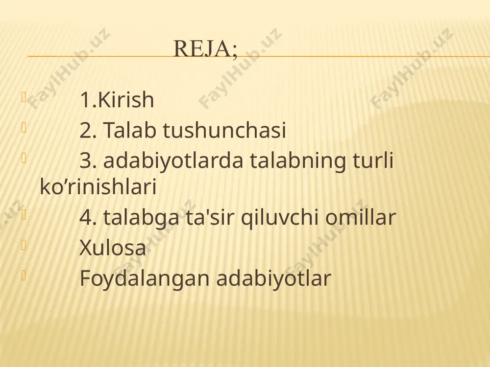 ilarni marketing sohasidagi muhim nazariy tushunchalar va amaliy xatti-harakatlar bilan yaqindan, batafsilroq tanishtirishni ko‘zlagan. har bir mavzuni yoritishda marketing sohasida shakllangan nazariy bilimlar va jahon tajribasini milliy iqtisodiyot bilan bog‘lashga harakat qilindi. shu maqsadda mustaqillik yillarida qabul qilingan marketing sohasiga oid me’yoriy-huquqiy hujjatlar, davlat statistika qo‘mitasining davriy statistik to‘plamlaridan foydalanildi. talab tushunchasi talab va taklif — bozor iqtisodiyotining fundamental tushunchalari. talab (tovarlar va xizmatlarga talab) — xaridor, isteʼmolchining bozorda muayyan tovarlarni, neʼmatlarni sotib olish istagi; bozorga chiqqan va pul imkoniyatlari bilan taʼminlangan ehtiyojlari. ehtiyoj pul va narx vositasida talabga aylanadi. rasman olganda talab isteʼmol kattaligi miqdoridir. tovarlar dunyosidagi xilma-xillikka moye ravishda talab hosil boʻladi. masalan, oziqovqat tovarlari, sanoat mollari, maishiy va ijtimoiy xizmatlarga boʻlgan talablar tovarlarga talab tuzilmasini tashkil etadi. mazmuni va harakati jihatidan haqiqiy, oʻsayotgan, barqaror qondirilgan, qondirilishi kechiktirilgan, qondirilmagan, meʼyordagi va boshqa talablarga boʻlinadi. har bir isteʼmolchining, yaʼni alohida shaxs, oila, korxona, firmaning biror tovar toʻplamiga yoki tovarlarga …