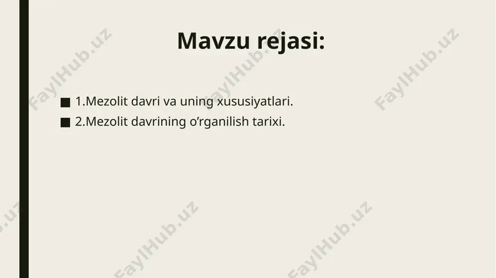 asi narigi dunyoga ishonishni bildiradi. jahon arxeologiyasida mezolit davri 2 bosqichga: azil va tardenuazga bo‘linadi. (3-jadval) ular frantsiyadan topilgan makonlar nomlari bilan atalgan. azil davri tosh qurollarining asosiy xususiyatlaridan biri –mikrolit qurollarning yasalishidir (yunoncha mikros—kichik). ular asosan o‘q uchi vazifasini bajargan. ularning ko‘pchiligi tol bargiga o‘xshash bo‘lgan. tardenauz makonlarida mikrolit qurollar juda ko‘p uchraydi. ular juda mayda bo‘lib, ba’zilari 1 sm ga yetar yetmas bo‘lgan, 2 sm lilari esa kam uchraydi. mikrolitlar turli xil geometrik shaklda bo‘lgan (uchburchak, trapetsiya, romb). ularning ishlatilishi haqida 2 xil fikr mavjud: 1) tayoq uchidagi yoriqqa tiqilgan va kamon o‘qi yasalgan. 2) suyak yoki yog’och qurolllarga taqab o‘tkir tig’ hosil qilingan. o‘rta osiyo mezoliti industriyasini o‘rganish orqali olimlar ulardagi rivojlanish jihatlarini aniqladilar. shu asosda ularni ilk, o‘rta va so‘nggi bosqichga bo‘ldilar. ilk mezolit bosqichi yodgorliklarida mikrolit texnikasi endigina paydo bo‘lgan. bunday yodgorliklarda geometrik shakldagi (segment, trapetsiya, uchburchaksimon) tosh buyumlar kam uchraydi. mikroparaqalar kam. bu davr …