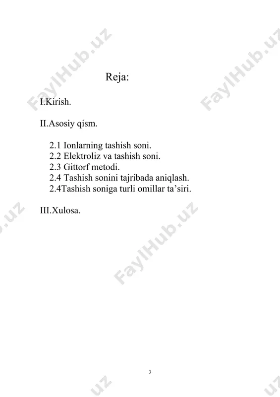 da, kationlar katodga, anionlar esa anodga tomon borishi natijasida ularning katod va anod qismlaridagi soni (kontsentratsiyasi) o’zgaradi. betaraf qismdagi ionlar soni esa o’zgarmay qoladi. ma’lum vaqt ichida katod qismidan anod qismiga z dona () anion kelganda, anod qismidan katodga 2 dona () kation keladi (b holat). natijada katod qismida ortiqcha kationlarning soni 5 ga, anod qismida ortiqcha anionlarning soni ham 5 ga teng bo’ladi. bu ortiqcha ionlar (5 dona) elektrodda ajralib chiqadi (s holat). shunday qilib, ionlarning tezligi har xil bo’lishiga qaramay, elektrolizda katod va anodda ekvivalent mikdorda modda ajralib chiqadi. bundan ko’rinib turibdiki ionlarning turlicha harakatda bo’lishi faradeyning ikkinchi qonuniga xilof kelmaydi. elektroliz natijasida katod qismida 8 tadan, anod qismida esa 7 tadan ion qoladi, ya’ni katod va anod qismlarida elektrolit kontsentratsiyasi o’zgaradi. katod va anod qismlarida yo’qolgan har qaysi ionning sonini , va deb belgilasak va bo’ladi. umuman: va tenglamaga muvofiq: yoki ; shunday qilib, tashish sonini elektrodlar …