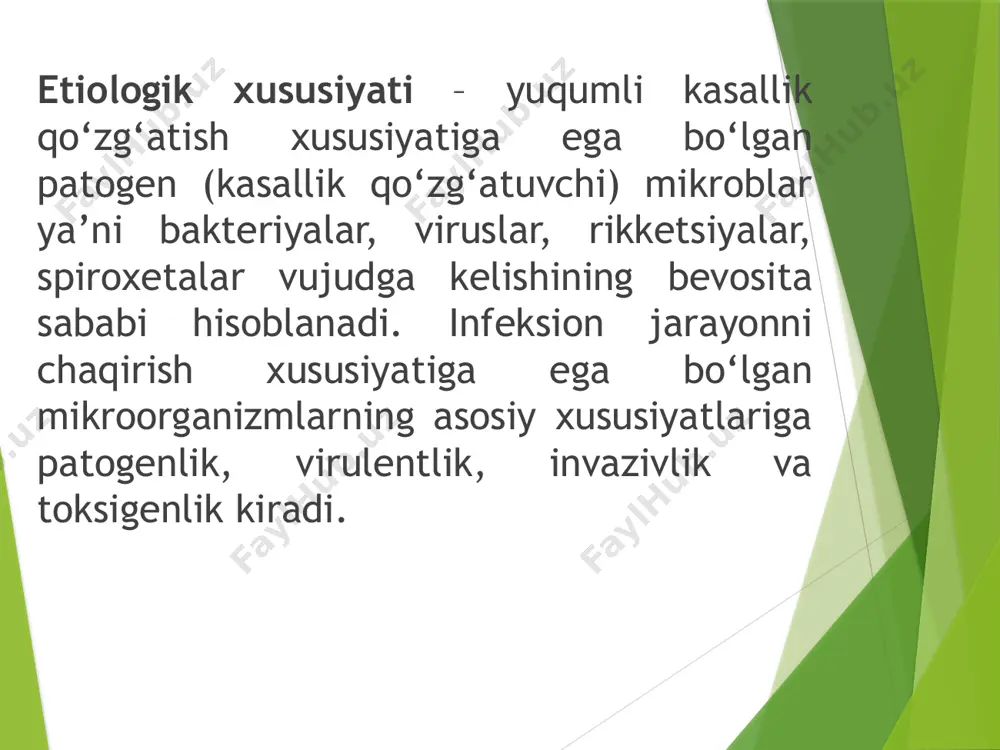 infeksiyaning turlari manifest (ekzogen) infeksiya subklinik (uncha bilinmaydigan) infeksiya inapparant (belgilarsiz) infeksiya autoinfeksiya (endogen) autoinfeksiya (endogen) infeksiya tashuvchanlik latent infeksiya reinfeksiya superinfeksiya infeksiya manbai yuqish yo’li moyil organizim infeksiya manbai. bemor yoki kasal hayvon infeksiya manbai hisoblanadi. kasallik bemordan ham, bakteriya tashib yuruvchilardan ham yuqadi. infeksiya tashuvchanlik. bu holat infeksiya manbai sifatida, ayniqsa meningokokk infeksiyasida, difteriya, qorin tifi va boshqa kasalliklarda juda katta rol o‘ynaydi. infeksiyaning yuqish mexanizmi. kasallik qo‘zg‘atuvchisining bemor organizmidan ajralib chiqish yo‘li organizmda uning bevosita joylashgan yeriga bog‘liqdir. havo-tomchi yo‘li bilan yuqish. 2. oziq-ovqatlar orqali (alimentar) yuqish. 3. kontakt yo‘li bilan yuqish. 4. transmissiv yuqish. 5. transplasentar yuqish. infeksiya yuqishining quyidagi turlari farqlanadi havo-tomchi yo‘li bilan yuqish. kasallik qo‘zg‘atuvchilari bemorning nafas yo‘llaridan tashqi muhitga yo‘talganda, aksa urganda, gaplashganda so‘lak zarrachalari bilan ajralib chiqadi va nafas olish orqali sog‘lom organizmga tushadi. bunday yo‘l bilan o‘tadigan qo‘zg‘atuvchilar odatda tashqi muhitga chidamsiz bo‘lib, tez nobud bo‘ladi. oziq-ovqatlar orqali (alimentar) yuqish. …