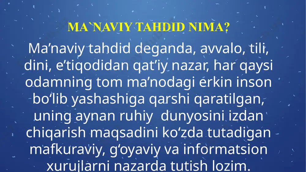 ruhlarga o‘z qabih niyatlarini amalga oshirishga imkon yaratib bermoqda. bugungi kunda ko‘plab xalqaro hujjatlarda nazarda tutilgan normalar milliy qonunchiligimizga implementatsiya qilingan. xorijiy davlatlar bilan uyushgan jinoyatchilik, shu jumladan odam savdosiga qarshi kurashish bo‘yicha o‘ttizdan ortiq ikki tomonlama shartnoma va bitimlar imzolangan. 2008 yilda esa “odam savdosiga qarshi kurashish to‘g‘risida”gi qonun qabul qilindi. ammo bu xotirjam bo‘lishimiz uchun yetarli emas. qonunga muvofiq respublikamizda odam savdosi va majburiy mehnatga qarshi kurashish bo‘yicha idoralararo komissiya tashkil etilib, o‘z faoliyatini olib bormoqda. xulosa qilib shuni aytish mumkinki, xushyor va ogoh bo‘lib yashash hamda loqayd bo‘lmasdan yashash bizning fuqarolik burchimiz bo‘lishi bilan birga, musulmon sifatidagi diniy mas’uliyatimiz, har birimizning yelkamizdagi vazifamizdir. shuning uchun doimo yon-atrofda sodir bo‘layotgan voqea-hodisalarga xushyorlik va ogohlik ko‘zi bilan boqib, jamiyat oldidagi omonatimizni ado etib borishimiz lozim. e`tiboringiz uchun tashakkur image1.jpg image2.jfif image3.jpeg image4.jpg image5.jpeg image6.png image7.jpeg image8.jpeg image9.jpeg image10.jpeg image11.jpeg /docprops/thumbnail.jpeg