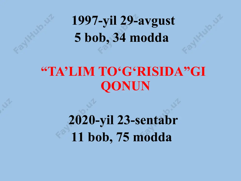 m muassasalarida ilm olishda teng huquqlilikni ta’minlashdir”. 20-modda. inklyuziv ta’lim inklyuziv ta’lim alohida ta’lim ehtiyojlari va individual imkoniyatlarning xilma-xilligini hisobga olgan holda barcha ta’lim oluvchilar uchun ta’lim tashkilotlarida ta’lim olishga bo‘lgan teng imkoniyatlarni ta’minlashga qaratilgan. jismoniy, aqliy, sensor (sezgi) yoki ruhiy nuqsonlari bo‘lgan bolalar (shaxslar) uchun ta’lim tashkilotlarida inklyuziv ta’lim tashkil etiladi.inklyuziv ta’limni tashkil etish tartibi o‘zbekiston respublikasi vazirlar mahkamasi tomonidan belgilanadi. 2-bob. 21-modda: eksternat tartibidagi ta’lim eksternat tartibidagi ta’lim olish o’quv dasturlarini mustaqil ravishda o’zlashtirish, uning yakunlari bo’yicha ta’lim oluvchilardan dtmuass. yakuniy va davlat attestatsiyalaridan o’tishni talab etadi. uni tashkil etish tartibi o‘zbekiston respublikasi vazirlar mahkamasi tomonidan belgilanadi. 3-bob. 24-modda: o’zbekiston respublikasi vazirlar mahkamasi huzuridagi ta’lim sifatini nazorat qilish davlat inspeksiyasining ta’lim sohasidagi vakolatlari 3-bob. 25-modda: o’zbekiston respublikasi vazirlar mahkamasi huzuridagi prezident, ijod va ixtisoslashtirilgan maktablarni rivojlantirish agentlagining ta’lim sohasidagi vakolatlari 4-bob. 31-modda: nodavlat ta’lim tashkilotlari nodavlat ta’lim tashkilotlari o‘z faoliyatini litsenziya asosida amalga oshiradi. nodavlat ta’lim tashkilotlari litsenziya …