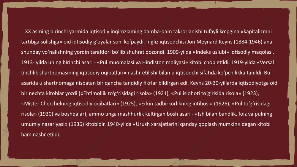 h pozitsiyalardagi ayrim ko‘rsatkichlardir. masalan, xarrod medelida investitsiya va jamg‘armalar tengligi g‘oyasi, domarda esa pul daromadlari (talab) va ishlab chiqarish quvvatlari (taklif) teng, deb qabul qilinadi. ikkala olimning shunga ishonchlari komilki, daromad o‘sishini ta’minlashda investitsiyalar roli, ishlab chiqarish quvvatlarining oshirilishi faoldir, bunda shu narsa ko‘zda tutiladiki, o‘sish bandlikka yordam beradi, bu esa o‘z yoiida, korxonalaming yarim quvvat bilan ishlashi va ishsizlikning oldini oladi. bu keynsning shu sohadagi konsepsiyasini so‘zsiz tan olishdir; chunki keyns bo‘yicha, iqtisodiy jarayonlar investitsiya va jamg‘armalar orasidagi proporsiyalar xarakteri va dinamikasiga bogiiq, aniqrogi investitsiyalaming ildam o‘sishi, baholar darajasi o‘sishiga sabab boiadi, jamg'armalar o‘sishi esa korxonalaming to ia ishlamasligi va ishsizlikning sababidir. keynschlik ta’limoti namoyondalari john meynard keyns evsey domar alfred marshall 12 keyns g‘oyalarining hozirgi davrdagi ahamiyati 04 abdulboriy zokirov (az) - shuni aniq qilib aytish kerakki, keyns taiimoti inqirozlar, urushlar va umshdan keyingi davrlar uchun samarali boidi, chunki favqulotda holatlar davrida davlatning roli kuchli boiishi kerak. …
