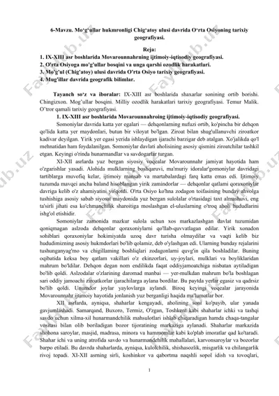 mo'g'ullar hukmronligi chig'atoy ulusi davrida o'rta osiyoning tarixiy geografiyasi — DOCX
