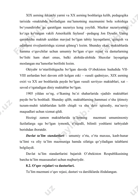 vofiq tuziladi. shuningdek, o‘quv-tarbiya ishining maqsad va vazifalariga asosan tuziladi. o’quv rejasini tuzishda quyidagi omillarga asosladi: 1. o’quv tarbiya ishining maqsadi, o’quvchilarga aniq ilmiy bilim berish, olgan bilimlarini ko’nikmaga aylantirib, uni hayotga qo’llay olishga o’rgatish. 2. maktab o’quvchilariga bilm berish yoshiga qarab tizimga solinadi va qoidalarga asoslanadi: a) boshlang’ich ta’lim - i- iv sinflar. b) umumiy o’rta ta’lim - v-ix sinflar. v) o’rta maxsus kasb-hunar ta’limi, akademik litseylar, kasb-hunar kolleji. ta’lim to’g’risidagi qonunga asosan akademik litsey va kasb-hunar kollejining maqomi tenglashtirilgan. ularning o’quvchilari va bitiruvchilari oliy o’quv yurtiga kirishda yoki tanlangan yo’nalish bo’yicha faoliyat ko’rsatishda konstitutsiyaviy haq-huquqlarini amalga oshirishda teng huquqlidirlar. har bir o‘quv fani uchun o‘quv dasturi tuziladi. o‘quv dasturi o‘quv rejasi asosida ishlab chiqiladi. o‘quv dasturi har bir o‘quv fanining o‘qitish uchun ajratilgan bilim hajmi, tizimi va g’oyaviy-siyosiy yo‘nalishini aniqlab beradigan davlat hujjatidir. o‘quv dasturida o‘quv yili davomida har qaysi sinfda alohida fanlar bo‘yicha o‘quvchilarga beriladigan ilmiy bilim, …