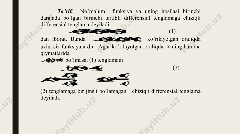 own _1738494952.unknown (2) tenglamaning umumiy yechimini eyler -bernulli usulidan foydalanib topish ham mumkin. (2) tenglamada uy (8) almashtirishni olamiz. bunda va lar ixtiyoriy uzluksiz differensiallanuvchi funksiyalardir. ''' uuy  )()('' xquxpuu   (9) )())('(' xquxpuu   (10) funksiya ixtiyoriy bo’lgani uchun, uni shunday tanlab olamizkim j u y = ' ' ' j j u u y + = ) ( ) ( ' ' x q u x p u u = + + j j j ) ( ) ) ( ' ( ' x q u x p u u = + + j j (2) tenglamaning umumiy yechimini eyler-bernulli usulidan foydalanib topish ham mumkin. (2) tenglamada (8) almashtirishni olamiz. bunda va lar ixtiyoriy uzluksiz differensiallanuvchi funksiyalardir. (9) (10) funksiya ixtiyoriy bo’lgani uchun, uni shunday tanlab olamizkim _1738493566.unknown _1738493567.unknown _1738493568.unknown _1738493565.unknown 0)(' uxpu sharti bajarilsin. bundan dxxp u du )(    dxxp udxxpun …