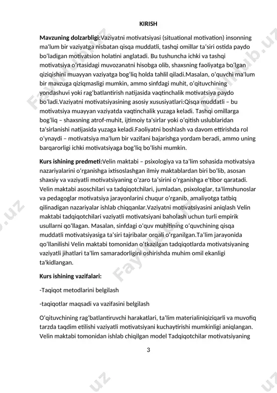 turli empirik usullarni qo‘llagan. masalan, sinfdagi o‘quv muhitining o‘quvchining qisqa muddatli motivatsiyasiga ta’siri tajribalar orqali o‘rganilgan.ta’lim jarayonida qo‘llanilishi velin maktabi tomonidan o‘tkazilgan tadqiqotlarda motivatsiyaning vaziyatli jihatlari ta’lim samaradorligini oshirishda muhim omil ekanligi ta'kidlangan. kurs ishining vazifalari: -taqiqot metodlarini belgilash -taqiqotlar maqsadi va vazifasini belgilash o‘qituvchining rag‘batlantiruvchi harakatlari, ta’lim materialiniqiziqarli va muvofiq tarzda taqdim etilishi vaziyatli motivatsiyani kuchaytirishi mumkinligi aniqlangan. velin maktabi tomonidan ishlab chiqilgan model tadqiqotchilar motivatsiyaning 3 vaziyatli va shaxsiy turlarining integratsiyasinio‘rganib, motivatsion holatlarning o‘zgaruvchanligi bo‘yicha nazariy model ishlab chiqishgan. bu model, asosan, shaxsning ehtiyojlari, tashqi omillar va muhit ta’sirini hisobga oladi.ichki va tashqi motivatsiyaning o‘zaro bog‘liqligi velin maktabi tadqiqotlari shuni ko‘rsatdiki, ichki motivatsiya barqarorlikka erishishda muhim omil bo‘lsa, tashqi va vaziyatli motivatsiyalar shaxsni faoliyatni boshlashga undaydi. shuning uchun har ikki turdagi motivatsiyani rivojlantirish muhim hisoblanadi. o‘qituvchilarga o‘quvchilarning qiziqish va e’tiborini vaqtinchalik bo‘lsa-da oshirish uchun samarali strategiyalarni ishlab chiqishda yordam beradi. stressli vaziyatlar yoki qisqa muddatli maqsadlar uchun motivatsiyani …