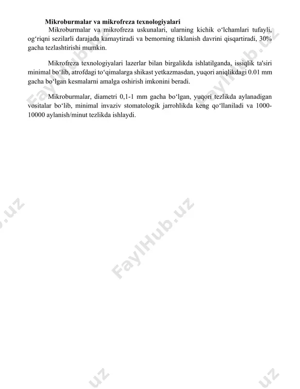 onini beradi. mikroburmalar va mikrofreza texnologiyalari mikroburmalar va mikrofreza uskunalari, ularning kichik oʻlchamlari tufayli, ogʻriqni sezilarli darajada kamaytiradi va bemorning tiklanish davrini qisqartiradi, 30% gacha tezlashtirishi mumkin. mikrofreza texnologiyalari lazerlar bilan birgalikda ishlatilganda, issiqlik ta'siri minimal boʻlib, atrofdagi toʻqimalarga shikast yetkazmasdan, yuqori aniqlikdagi 0.01 mm gacha boʻlgan kesmalarni amalga oshirish imkonini beradi. mikroburmalar, diametri 0,1-1 mm gacha boʻlgan, yuqori tezlikda aylanadigan vositalar boʻlib, minimal invaziv stomatologik jarrohlikda keng qoʻllaniladi va 1000-10000 aylanish/minut tezlikda ishlaydi. 📌xulosa minimal invaziv usullar qattiq to'qimalarni maydalashda og'riqni kamaytirish, tezroq tiklanish va kosmetik natijalarni yaxshilashga olib keladi. ushbu usullar an'anaviy jarrohlik amaliyotlariga nisbatan kamroq asoratlar bilan xarakterlanadi va bemorlarning hayotiy sifatini yaxshilaydi. 📚foydalanilgan adabiyotlar 1. albrektsson, t., johansson, c. (2001). osteoinduction, osteoconduction and osseointegration. european spine journal, 10(suppl 2), s96-s101. 2. boyapati, l., et al. (2019). minimally invasive surgical techniques in dentistry. journal of clinical and diagnostic research, 13(11), ze01-ze04. 3. chen, q