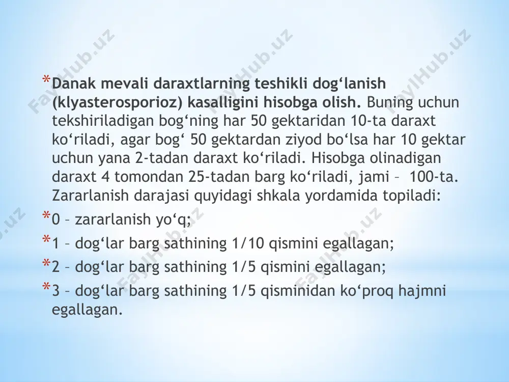ararlanish 50% dan ko‘proq. tok kasalliklarning tarqalishi quyidagi formula yordamida aniqlanadi: a ∙ 100 r = n bu yerda r – kasallikning tarqalishi, %; n – o‘simliklarning umumiy soni; a – kasallangan o‘simliklarning soni. xo‘jalik, tuman miqyosida kasallikni tarqalishi quyidagi formuladan topiladi: ∑ s ∙ p rs = s bu yerda rs – kasallikning tarqalishi, % ∑ sp – bog‘larning umumiy maydoni ko‘paytirilgan kasallik tarqalishining foiziga; s – tekshirilgan bog‘larning umumiy maydoni. tok kasalliklarining rivojlanishi quyidagi formula yordamida topiladi: ∑ (a ∙ v) x 100 r = nk bu yerda r – kasallikni rivojlanishi, %; ∑ (a∙v) – kasallangan o‘simliklar soni (a) tegishli zararlanish balliga (v) ko‘paytirish yig‘indisi; n – hisobga olingan o‘simliklarni umumiy soni (kasal va sog‘lom); k - hisobga olish shkalasining eng yuqori balli. e’tiboringiz uchun raxmat 3-61-guruh talabasi ergashev asilbek 3-61-guruh talabasi ergashev asilbek /docprops/thumbnail.jpeg
