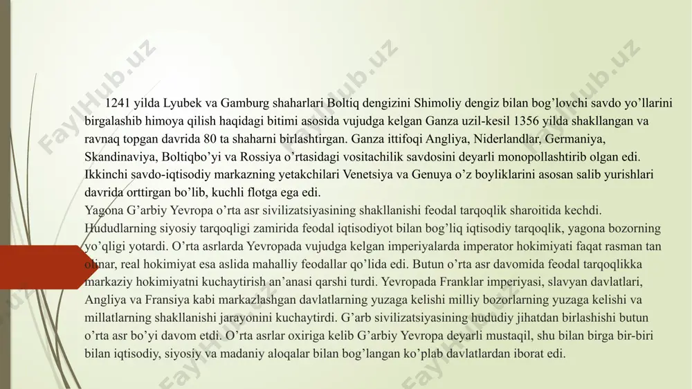 uchun feodal mahsulot yoki pul ko’rinishida renta undirgan. g’arbiy yevropa jamiyati iyerarxik tuzilishga ega edi. vassallik tartibiga asoslangan iyerarxiyaning yuqorisida qirol turgan. o’rta asr g’arb jamiyatiga xos xususiyatlardan biri toifalarning mavjudligi edi. toifa bu - qonunlarga ko’ra meros bo’lib o’tadigan huquq va majburiyatlarga ega ijtimoiy guruh (qatlam). o’rta asr g’arb jamiyati uchta toifaga bo’lingan: ruhoniylar, dunyoviy feodallar hamda shaharliklar va dehqonlar toifasi. o’rta asr g’arb sivilizatsiyasining o’ziga xos jihatlaridan biri korporativlik edi. o’rta asr kishisi o’zini doimo jamoaning bir qismi sifatida his qilgan. turli belgilarga ko’ra kishilarni birlashtirgan bu korporatsiyalarga misol tarzida qishloq jamolari, hunarmandchilik tsexlari, monastirlar, diniy - ruhoniylik ordenlari, harbiy drujinalar va h.k. larni ko’rsatish mumkin. o’rta asr sivilizatsiyasining xarakterli belgilaridan biri jahon dini - xristianlikning hukmron mavqei edi. diniy shakldagi mafkura ilk bor jamiyatda yetakchi omilga aylandi. insoniyat tarixida dinning, cherkovning roli bu qadar katta bo’lgan boshqa bunday davr bo’lmagan. ahloq, falsafa, ilm-fan, san’at – bari teologik …