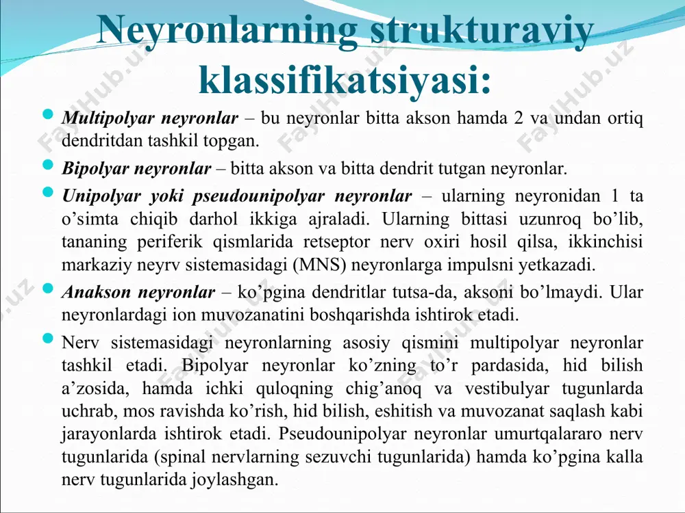 ar boshqa neyronlarga ta'siriga ko'ra qo'zg'atuvchi neyronlar inhibitory yoki gabaergik neyronlar modulatorlar chiqish tartibiga ko'ra neyronlar tonik yoki muntazam tortishish bosqich yoki "yorilish" tezkor zarbalar neyrotransmitter ishlab chiqarish bo'yicha neyronlar xolinergik neyronlar gabaergik neyronlar glutamaterjik neyronlar dopaminerjik neyronlar serotonerjik neyronlar polarligiga qarab neyronlar yagona qutbli yoki psevdounipolyar pseudounipolarlar ikki qutbli ko'p qutbli anaksonik akson va soma orasidagi masofaga qarab neyronlar konvergent turli xil dendrit morfologiyasiga ko'ra neyronlar idiodendritik izodendritik allodendritik joylashuvi va shakliga qarab neyronlar piramidal neyronlar betz hujayralari savatdagi yoki savatdagi hujayralar purkinje hujayralari donador hujayralar plaseo hujayralari o'rta orqa miya neyronlari renshaw hujayralari unipolar cho'tka hujayralari old shox hujayralari milya neyronlari neyron turlari asosiy morfologiyaga ko'ra impulsning uzatilishiga, funktsiyasiga, yo'nalishiga, boshqa neyronlardagi ta'siriga qarab, ularning bo'shatish shakliga, neyrotransmitterlar ishlab chiqarilishiga, qutblangan akson va soma orasidagi masofaga qarab tasniflanishi mumkin. dendritlarning joylashishi va shakliga qarab. bizning miyamizda taxminan 100 milliard neyron mavjud. boshqa tomondan, agar glial hujayralar (neyronlarni qo'llab-quvvatlovchi …