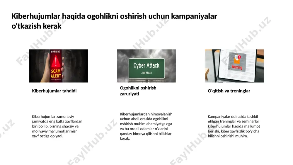tlar hamda shaxslarni mudofaa qiladi. kiberxavfsizlik bo'yicha qonunchilikni takomillashtirish lozim yangilanishlar zarurati yangi texnologiyalar va tahdidlarga qarshi kurashish uchun qonunchilik doimiy ravishda yangilanishi lozim. kiberxavfsizlik bo'yicha qonunchilikni takomillashtirish lozim jamoatchilikning roli kiberxavfsizlikni mustahkamlash uchun jamoatchilik va davlat o'rtasida hamkorlik muhim ahamiyatga ega. kiberxavfsizlik bo'yicha qonunchilikni takomillashtirish lozim raqobatbardosh mamlakatlar raqobatbardosh mamlakatlar tajribasi bilan o'rganish, qonunchilikni takomillashtirishda yordam beradi. 9 kiberxavfsizlikni ta'minlash uchun texnik yordam ko'rsatish kerak kiber hujumlardan himoya kiber hujumlar zamonaviy tahdidlar orasida eng xavfli hisoblanadi. texnik yordam orqali tashkilotlar tezkor va samarali himoya choralarini tuzishi mumkin. kiberxavfsizlikni ta'minlash uchun texnik yordam ko'rsatish kerak texnik ma'lumotlar almashinuvi texnik yordam orqali tashkilotlar boshqa mutaxassislar bilan ma'lumot almashishi va yangi xavfsizlik texnologiyalarini tatbiq etishi mumkin. kiberxavfsizlikni ta'minlash uchun texnik yordam ko'rsatish kerak xavfsizlik jarayonlarini optimallashtirish texnik yordam kiberxavfsizlik jarayonlarini optimallashtirishga yordam beradi. bu esa vaqt va resurslarning tejamkor foydalanilishini ta'minlaydi. kiberxavfsizlikni ta'minlash uchun texnik yordam ko'rsatish kerak 10 moldovada kiberxavfsizlikni oshirish …