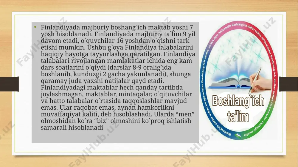 . yozma materiallar va noutbuklardan ko'chirish va tushlik qilish. maktabda bepul boshqariladigan ekskursiyalar va tadbirlar mavjud. deyarli barcha maktablar - davlat maktablari bo‘lib, o‘nlab xususiy maktablar bor. ularning ota-onalar qisman to‘lov kiritishlaridan tashqari yana bir farqi - o‘quvchilarga bo‘lgan talabning yuqoriligida. qoidaga ko‘ra, bu o‘ziga xos "pedagogik" laboratoriyalar: montessori, fren, mortan i valdorf maktablari. ingliz, nemis va fransuz tillarida ta'lim beriluvchi o‘quv muassasalari ham xususiy hisoblanadi. bolalar o'z qobiliyatlari bo'yicha har xil bilimlarga ega, shuning uchun turli murakkablik darajalariga ega bo'ladilar. bunga har bir bolaga alohida yondashish deyiladi. agar talaba materialni qo'shimcha tushuntirishni talab qilsa, o'qituvchi unga darsdan keyin bo'sh vaqtni beradi. va buning uchun rag'batlantiriladi. bolalar mavhum tushunchalarni emas, balki haqiqatlarni o'rgatadi. maktab kundalik hayot uchun bilim beradi. masalan, biz bank foizlarini hisoblashni, summalarni to'plashni, maydon uchun rejani tuzishni va boshqalarni o'rganamiz. o'quv jarayonida ixtiyoriy ishtirok etish va o'z-o'zini o'qitish tavsiya etiladi. o'smir faqat o'zi xohlagan bilimni oladi. shu …