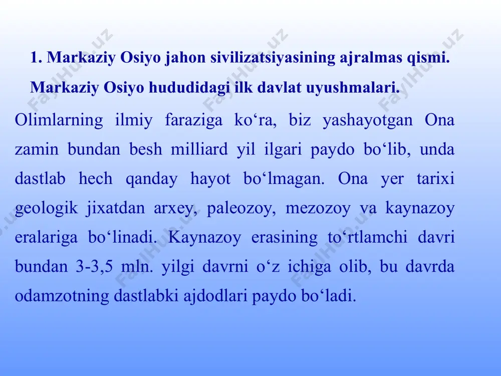 adimgi davlatlar baqtriya so‘g‘diyona xorazm qang’ dovon 2. ix-xii asrlarda hukmronlik qilgan davlatlar. 2. ix-xii asrlarda hukmronlik qilgan davlatlar. ix-xii asrlarda hukmronlik qilgan davlatlar tohiriylar safforiylar somoniylar qoraxoniylar g‘aznaviylar xorazmshohlar ix-xii asrlarda somoniylar islom mafkurasining rivojiga katta ahamiyat beradilar. buxoro sharqda islom dinining eng nufuzli markaziga aylandi. bog‘dodda “bayt ul- xikma” (donishmandlar uyi) tashkil etilgan edi. “bayt ul- xikma”da axmad farg‘oniy, muxammad ibn muso xorazmiy, axmad ibn abdullox marvaziylar ta’lim olganlar. ix-x asrlarda o‘rta osiyoda fan ilmiy asoslarga ega edi. ix-xii arab tilida asarlar yozgan eng mashhur olimlar axmad farg‘oniy, muxammad ibn muso xorazmiy, abu nasr farobiy, abu ali ibn sino, abu rayxon beruniy, abusalx masixiy, abulxair xammar, abunosir aron va boshqalar edi. muhammad ibn muso al-xorazmiy (783-850) g‘oyatda o‘tkir zehn egasi va noyob qobili sohibi bo‘lgan al-xorazmiy yoshlik chog‘idan boshlab aniq va tabiiy fanlarni o‘rganishga qiziqdi, arab, fors, hind va yunon tillarini egalladi, bu tillarda yozilgan kitoblarni qunt bilan …