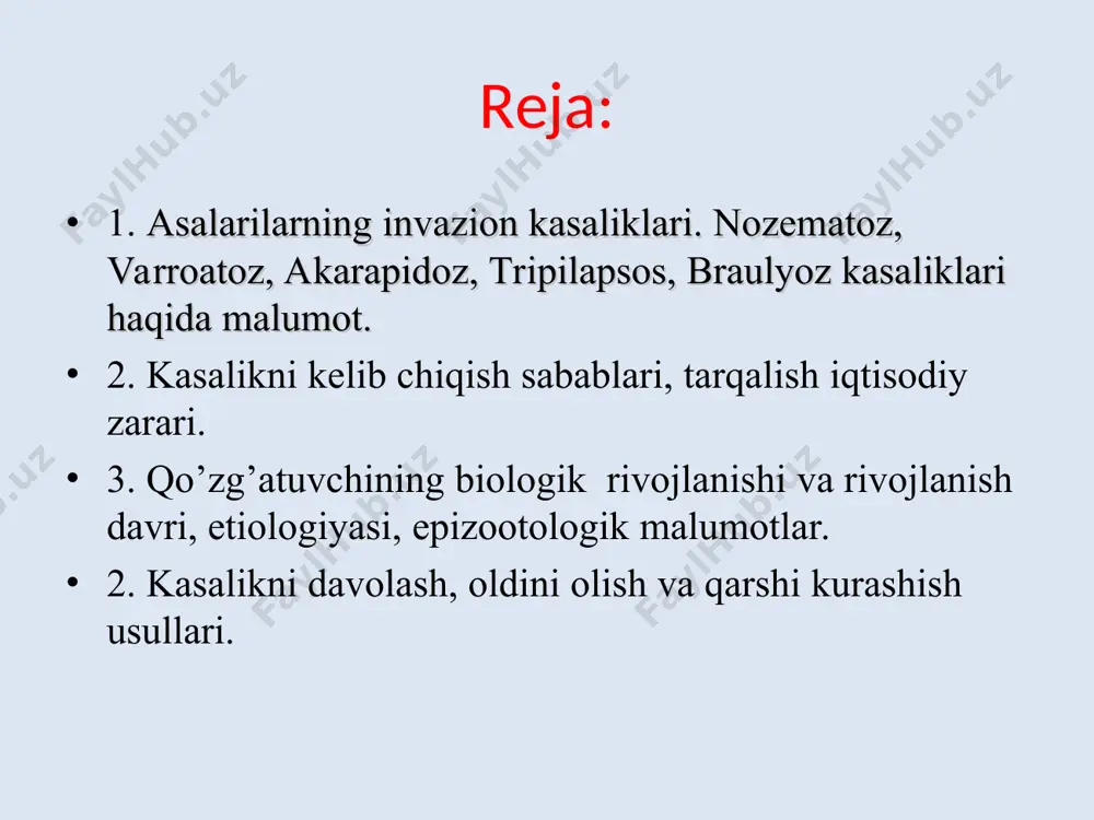shlatish oldidan yaxshilab dezinfeksiya qilish; asalarilarni chetdan sotib olingan asal bilan boqishga yo‘l qo‘ymaslik; o‘liq qo‘llash zarur. asalarichi arizorda ishlaganida ozoda xalat kiyib ishlash, qo‘llarini mumkin qadar tez-tez yuvib, iskana va boshqa mayda asboblarni vaqti-vaqt dezinfeksiyalab turish; arizor doirasida ozodalikka qattiq rioya qilish, nobud bo‘lgan asalarilarni kuydirib yuborish; qurtchali, asalli hamda asalsiz mumkatak tortilgan ramkalarni kasal oilalardan olib sog‘lom oilalarga o‘rnatishga aslo yo‘l qo‘ymaslik asalarilar o‘rtasida o‘g‘irlik yuz berishga yo‘l qo‘ymaslik asal, mum va mumkatakdan iborat asalarichilik mahsulotlarini asalarilar kira olmaydigan joyda saqlash; ari oilalarini normal sharoitda boqish, yetarli miqdorda oziq-ovqat bilan ta’minlash va arixonalarni yaxshilab isitish; har yili ko‘klamda ari oilalarini qishlovdan chiqargandan so‘ng dezinfeksiyalangan ozoda arixonalarga ko‘chirish zarur. sog‘lom ari asal yig‘ishi dezinfeksiyalash eski arixonani, zararlangan mumkatakli ramkalarni dezinfeksiyalash (yuqumsizlantirish) kerak. arixonalarni dezinfeksiyalash oldidan yaxshilab mum, propolisdan tozalab, 2 kg issiq kulning 1 chelak suvdagi aralashmasi bilan yuviladi, kuritiladi va kavsharlash lampasining o‘ti bilan tekis kuydiriladi. shuningdek 10% …