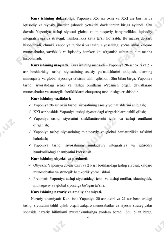 m tadqiqotlar uchun asos sifatida qo‘llanadi. shu tariqa, mavzu keng ilmiy manbalar bilan qamrab olingan bo‘lsa-da, yaponiya tashqi siyosatining ichki va tashqi omillari hamda mintaqaviy va global siyosatga ta’siri tizimli va kompleks tarzda tahlil qilinishi lozim. shu sababli, ushbu kurs ishida mavzuning ilmiy va amaliy jihatlari chuqurroq o‘rganiladi. kurs ishining tuzilmasi: kirish, 2 ta bob, 4 ta qism, xulosa va foydalanilgan adabiyotlar ro'yxatidan iboratdir. 6 i bob. 20-asr oxiri yaponiya tashqi siyosati 1.1. iqtisodiy diplomatiya va global integratsiya xx asr oxirida yaponiya iqtisodiyoti jadal rivojlanib, dunyoning yetakchi iqtisodiy kuchlaridan biriga aylandi. shu davrda mamlakatning tashqi siyosatida iqtisodiy diplomatiya asosiy yo‘nalishlardan biriga aylandi. yaponiya o‘zining iqtisodiy kuchini global maydonda siyosiy va strategik ta’sirga aylantirishga harakat qildi. yaponiya eksportni rivojlantirish, yuqori texnologiyali mahsulotlarni yetkazib berish va xalqaro investitsiyalarni jalb qilish orqali global integratsiyaga erishdi. mamlakat jahon savdo tashkiloti (wto), xalqaro valyuta jamg‘armasi (imf) va boshqa xalqaro iqtisodiy forumlarda faol ishtirok etdi. bu …