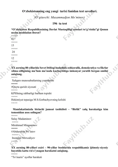 o‘zbekistonning eng yangi tarixi fanidan test savollari. — DOCX