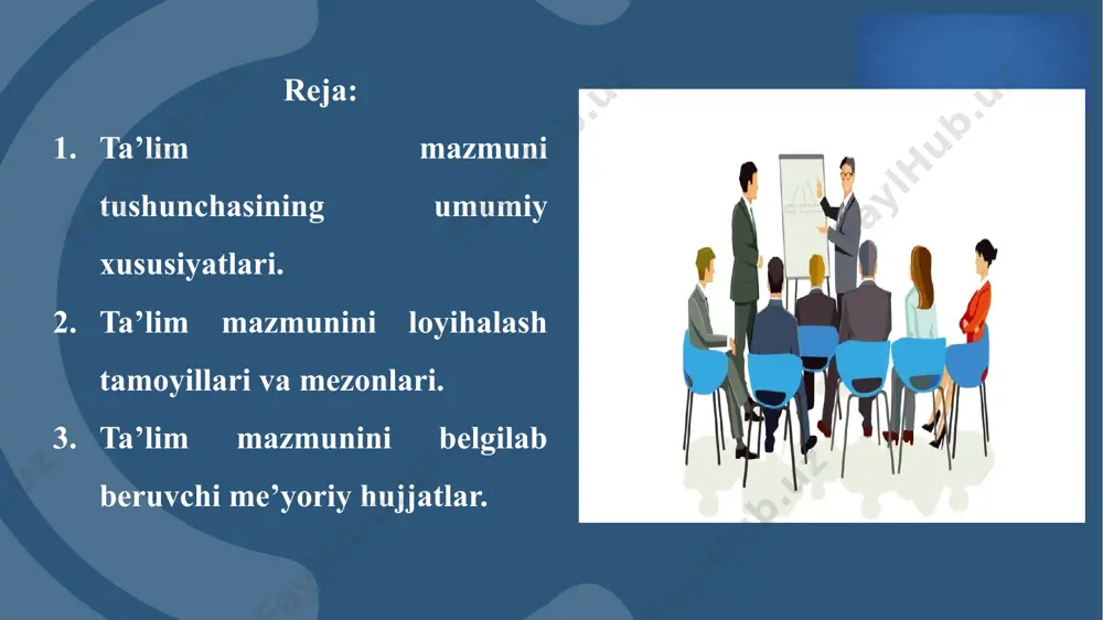 vofiq amalga oshiriladi: 1 2 3 4 5 6 ta’lim mazmunining tashkiliy-jarayon bilan aloqadorlik tamoyili. ta’lim mazmunining yaxlit strukturaga aloqadorlik tamoyili. ta’lim mazmunini insonparvar-lashtirish tamoyili. ta’lim mazmunini fundamentallash-tirish tamoyili ta’lim mazmunining ketma-ketligi tamoyili. ta’limning mazmuni muntazamligi tamoyili. ta’lim mazmunini loyihalashda ilg‘or xorijiy tajribalarni hisobga olish; ta’lim mazmunining aniq ilmiy-amaliy ahamiyat kasb etishi; ta’lim mazmunini mustaqil fikr yuritish va axborot iste’moli madaniyatini shakllantirish extiyojiga muvofiq loyihalashtirish; o‘quvchilar imkoniyatlarining mavjud o‘quv dasturlariga mosligi; ta’lim mazmunining murakkablik darajasini hisobga olish; ta’lim muassasalari moddiy-texnik bazasining zamonaviy talablarga javob berishi; ta’lim hajmining uni o‘rganishga ajratiladigan vaqtga mosligi; ta’lim mazmunini loyihalashtirishda quyidagi mezonlarga asoslaniladi: ta’lim mazmunini belgilab beruvchi eng asosiy me’yoriy hujjat bu davlat ta’lim standartidir. «standart» ingliz tilidan tarjima qilinganda «me’yor», «namuna», «andoza», «model» ma’nolarini anglatadi. standart yordamida, respublika miqyosidagi turli ta’lim muassasalarida ta’limning barqarorlik darajasini ta’minlashga erishiladi, o‘quv ishlari normativlari moslashtiriladi, o‘quvchilarning bilimlarini baholash mezonlari ishlab chiqiladi. 9 davlat ta’lim standartining maqsadi - umumiy …
