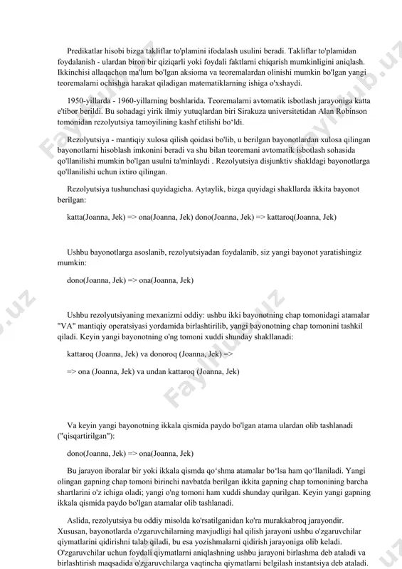 iddleware) - ikkinchi darajali boshqaruvchi dasturlar to'plami, ya'ni. dasturiy ta'minotning o'zi tomonidan ishlab chiqilgan, keng ko'lamli vazifalarni hal qilishga qaratilgan resurslar. o'rta dastur quyidagilarni o'z ichiga oladi: ma'lumotlar bazasi serverlari, dbms, aloqa serverlari, tranzaksiya menejerlari va boshqa dasturiy ta'minot serverlari. predikatlar hisobi va teoremani isbotlashga qisqacha kirish. taklif - bu to'g'ri yoki noto'g'ri bo'lishi mumkin bo'lgan mantiqiy bayonot. u ob'ektlar va ular orasidagi munosabatlardan iborat . simvolik mantiq formal mantiqning uchta asosiy muammosini hal qilish uchun ishlatilishi mumkin: takliflarni ifodalash, takliflar o'rtasidagi munosabatlarni ifodalash va to'g'ri deb hisoblangan boshqa takliflardan yangi takliflarni chiqarish usullarini tavsiflash. mantiqiy dasturlash bayonotlarida ob'ektlar oddiy shartlar bilan ifodalanadi, ular doimiy yoki o'zgaruvchilardir. konstanta - ob'ektni ifodalovchi belgi. o'zgaruvchi - bu turli xil ob'ektlarni turli vaqtlarda ifodalashi mumkin bo'lgan belgi, garchi bu kontekstdagi o'zgaruvchi qaysidir ma'noda imperativ dasturlash tillaridagi o'zgaruvchilarga qaraganda o'zgaruvchini matematik tushunishga yaqinroqdir. atom takliflari deb ataladigan eng oddiy takliflar qo'shma atamalardan iborat. murakkab …